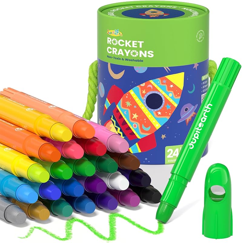 JUPITEARTH 24 Colors Twist Crayons for Toddlers 1-3, Non-Toxic, Washable | Ultra-Silky Crayons with Storage Bucket, Easy-Grip Design, Ideal Toddler Coloring Supplies
