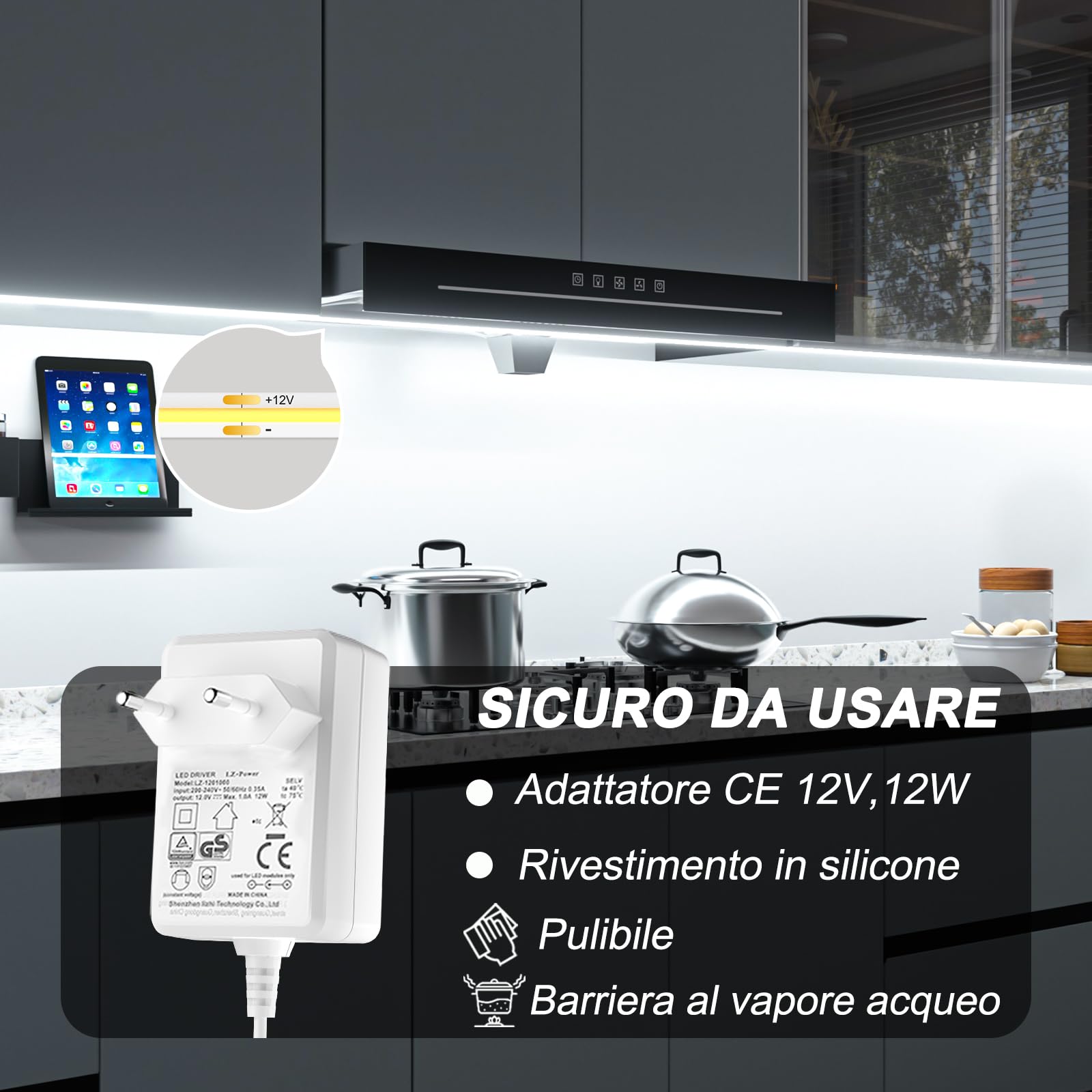 WOBANE Striscia Led COB 2 Metri 12V, Striscia Led Bianco Freddo 6000K, CRI 94+, Strisce Led Adesive con Interruttore e Spina per Cucina Sottopensile,Specchio,Vetrina,Camera da Letto,TV, 640 LEDs