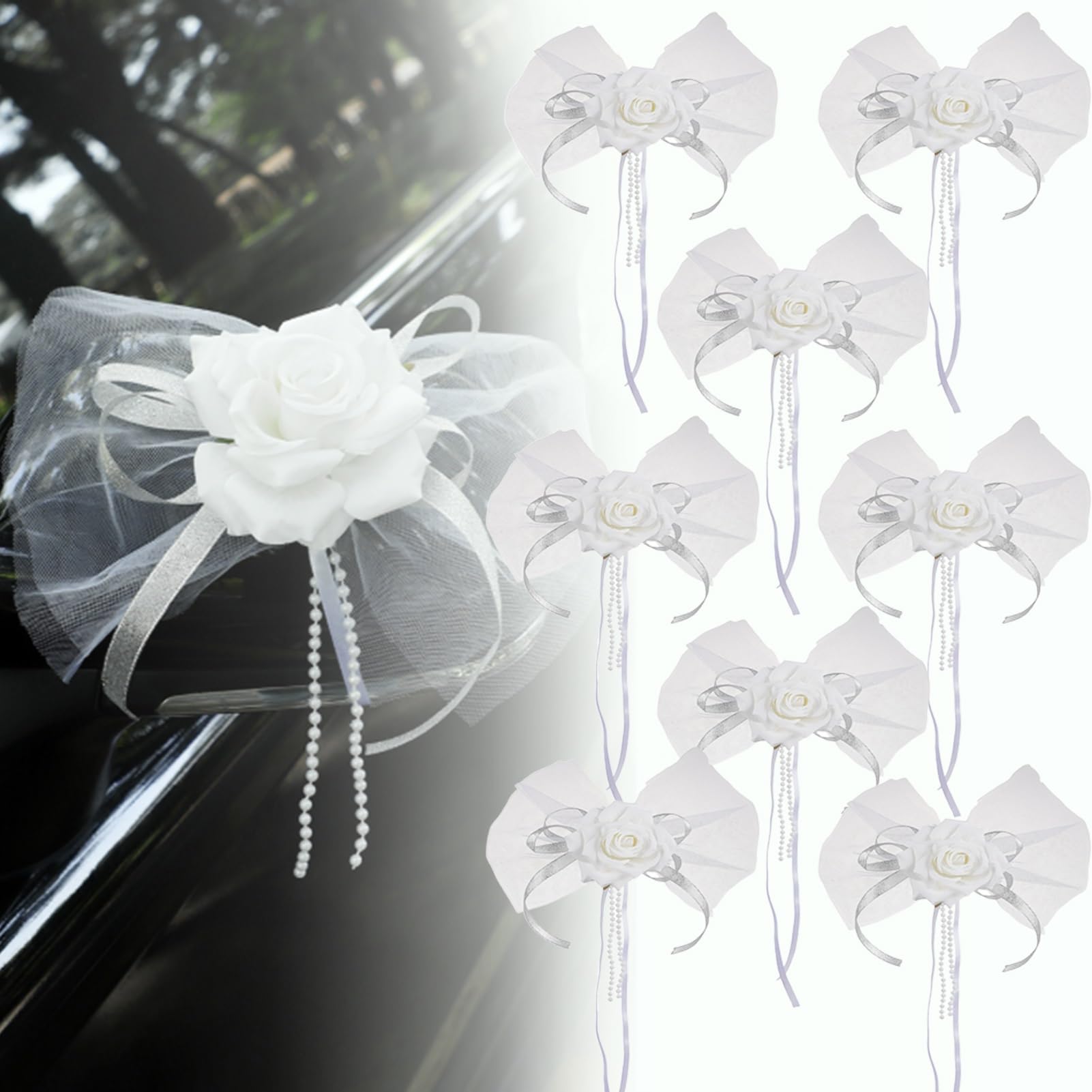 Tul blanco para coche de bodas con 8 lazos de flores para manijas de puertas de autos