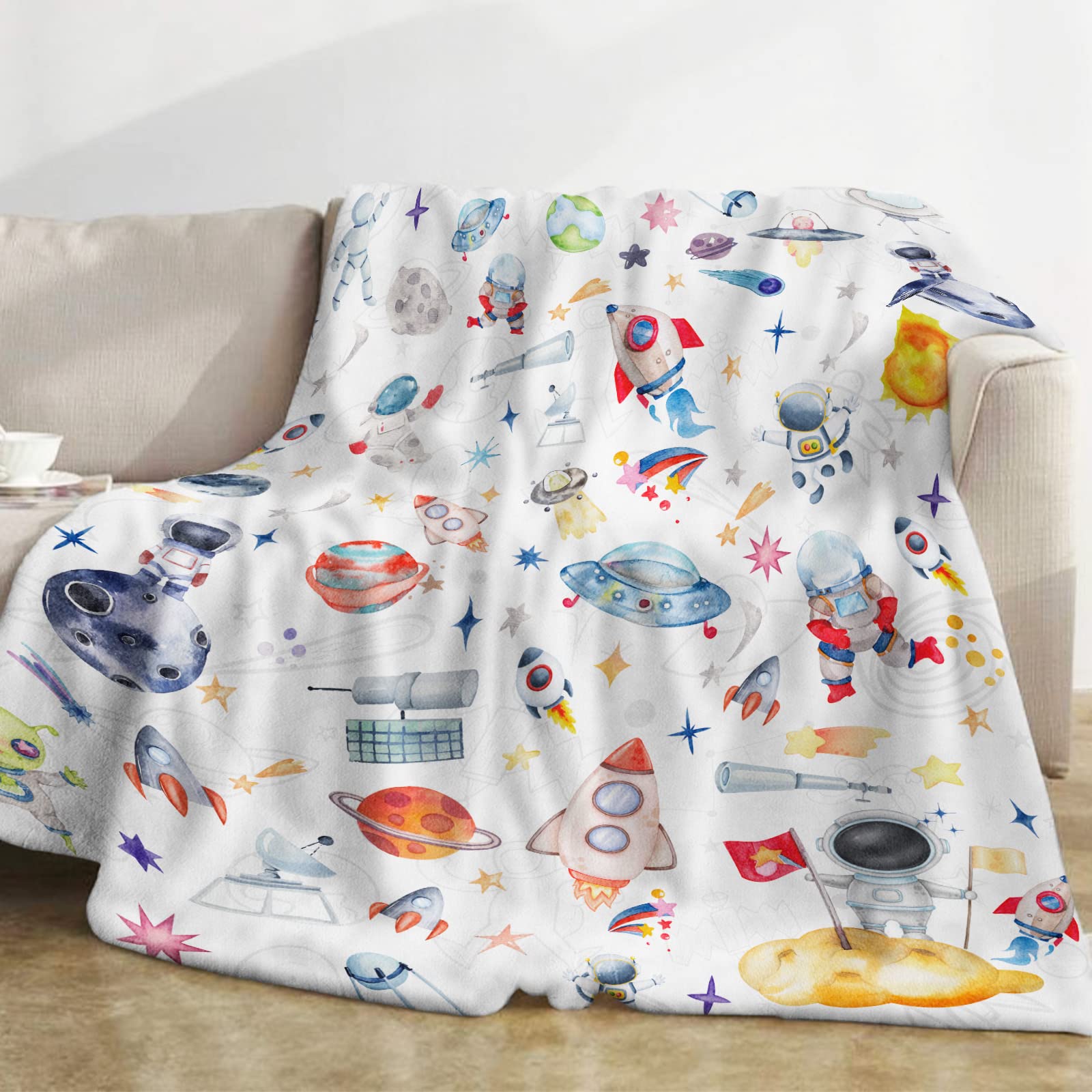 Space Throw Blankets for Kids, Soft Fleece Space Planets Blanket, Cozy Flannel Outer Space Blankets, Fluffy Fuzzy Rocket Astronaut Galaxy Universe Blanket for Teen Childs Boys Men Gifts, 50x60 Inch
