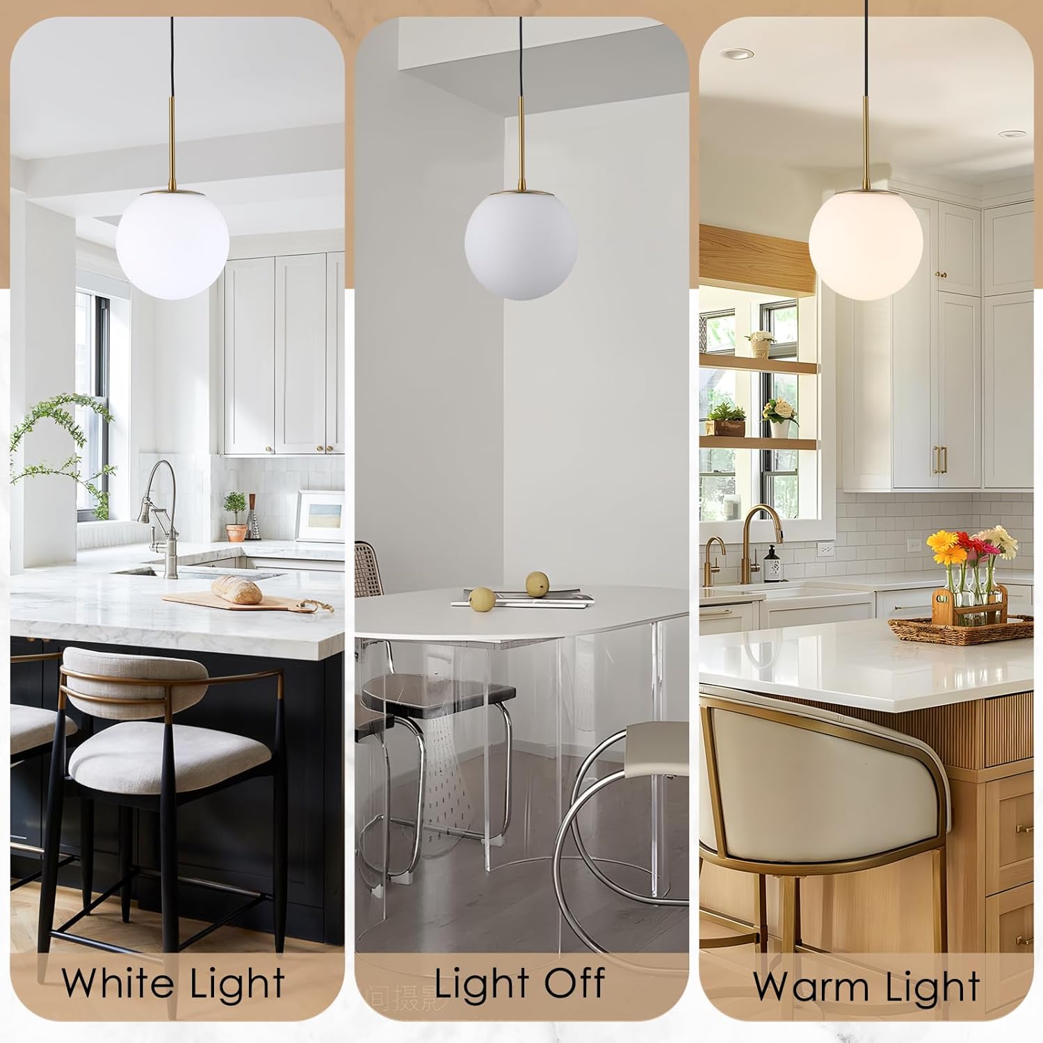 Milk Globe Pendant Light, Mid Century Modern Ceiling Hanging Lights Fixture with Height Adjustable, Brass Gold Pendant Lighting for Kitchen Island, Hallway, Dining Room, Living Room (2 Pack)