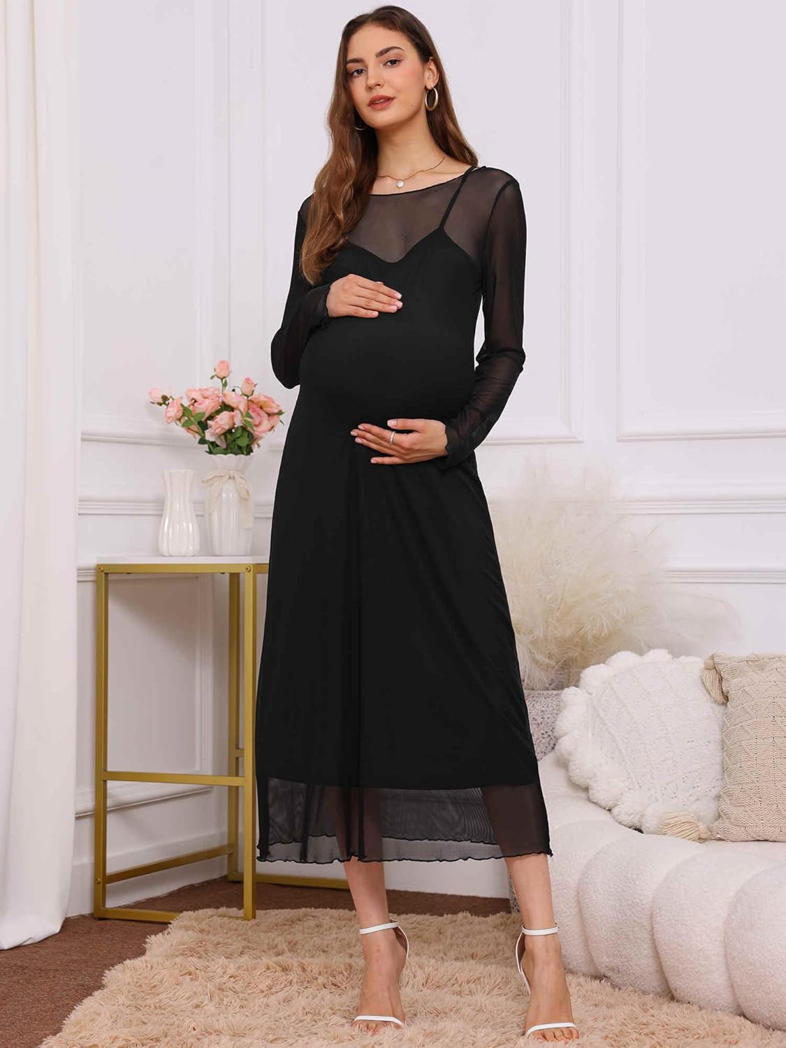 Womens Maternity Mesh Dress 2-Piece Bodycon 2025 Fall Wedding Guest Cocktail Party Pregnancy Dresses