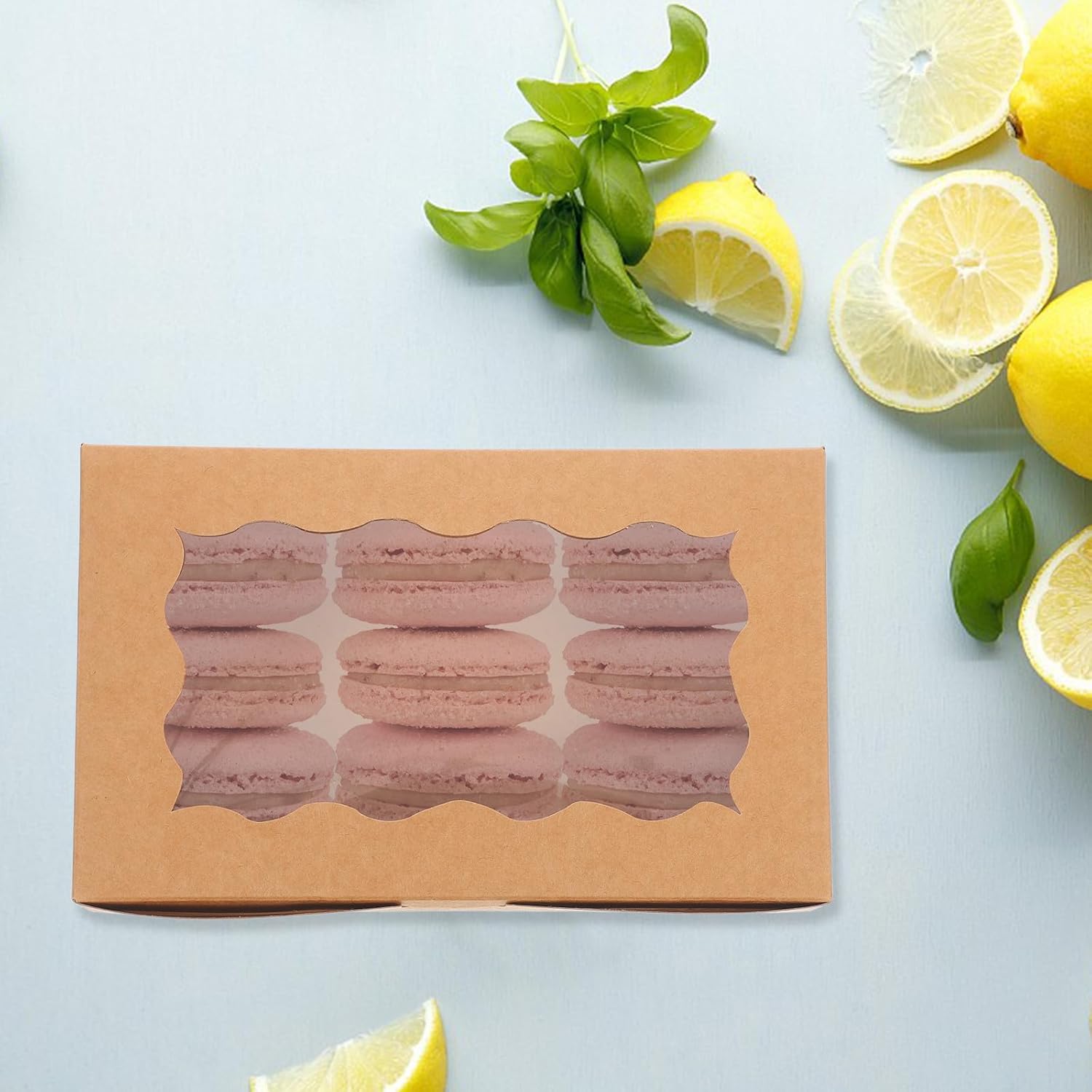 50pcs Kraft Paper Cookie Boxes with Window Rectangular Macaron Packaging Boxes Portable for Party Household and Takeout Use