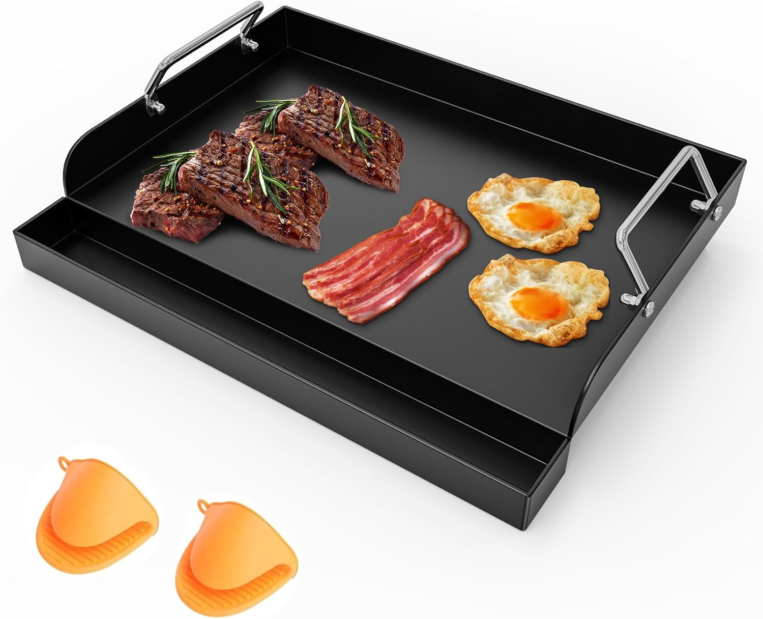 Flat Top Griddle Insert for Outdoor Gas Grill, Universal Cast Iron Griddle for Charcoal Grill, 17" x13" Nonstick Coating Plate with Handle & Grease Groove, for Camping Tailgating 17" x 13" x 2.6"