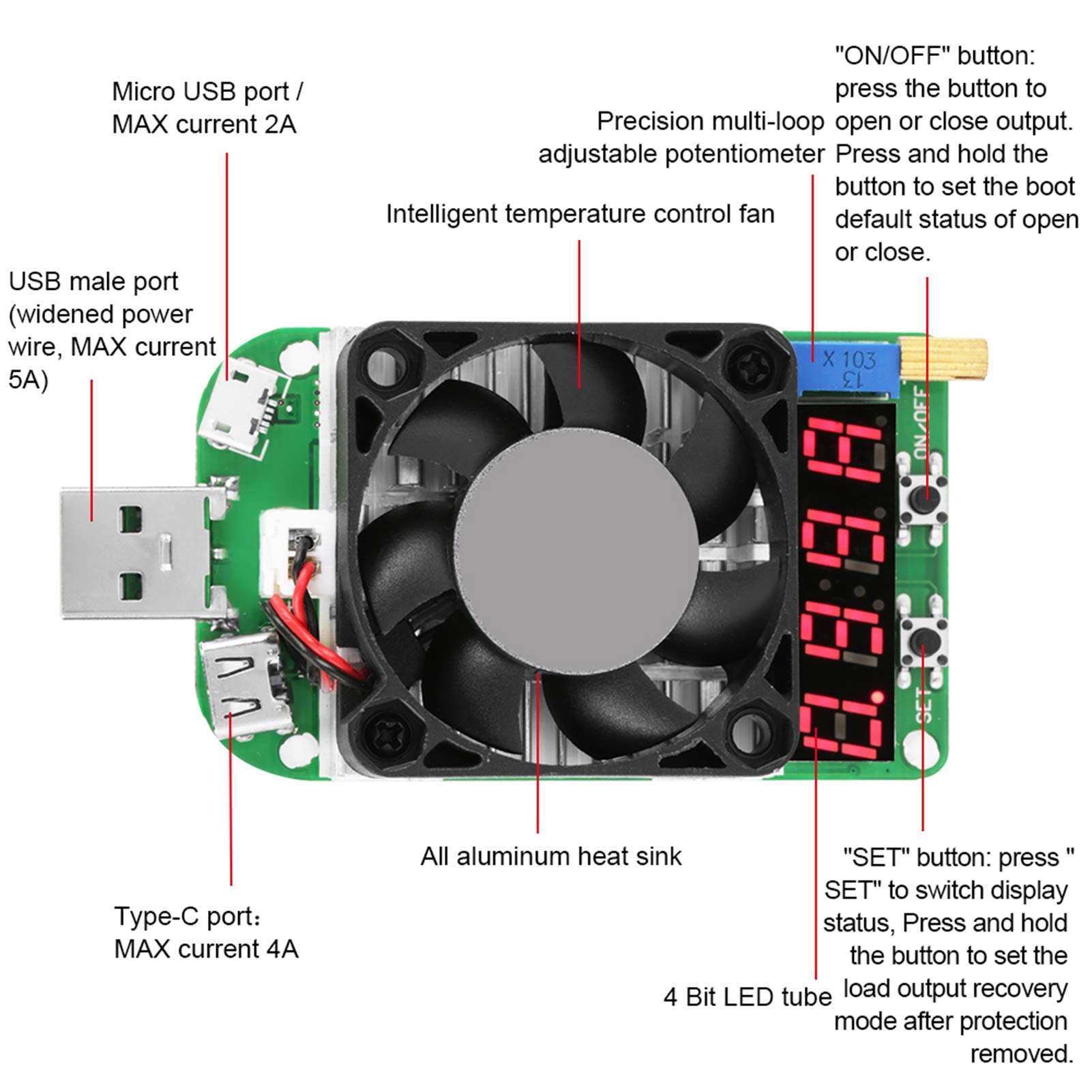 Akozon USB Load Tester Modul - Elektronische Last Mit Digital Display für Batterie-Test, Einstellbarer Widerstand, Spannung und Strom Meter