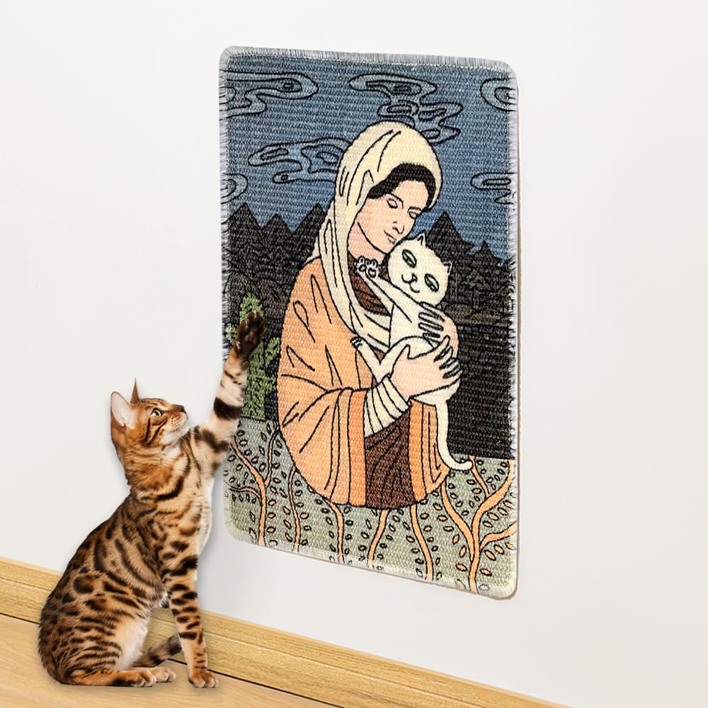 NATUAY Cat Scratcher Sisal Mat Furniture Protector for Wall Couch Carpet Door Mounted, Self-Adhesives Artistic Cats Scratcing Pad with Twist Pins (Mom and Cat, 23.6"x15.8")
