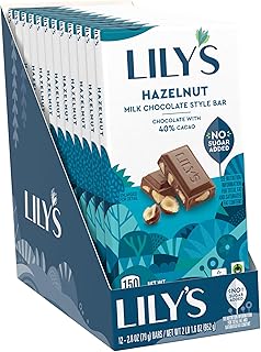 LILY'S Hazelnut Milk Chocolate Style No Sugar Added, Sweets Bars, 2.8 oz (12 Count)