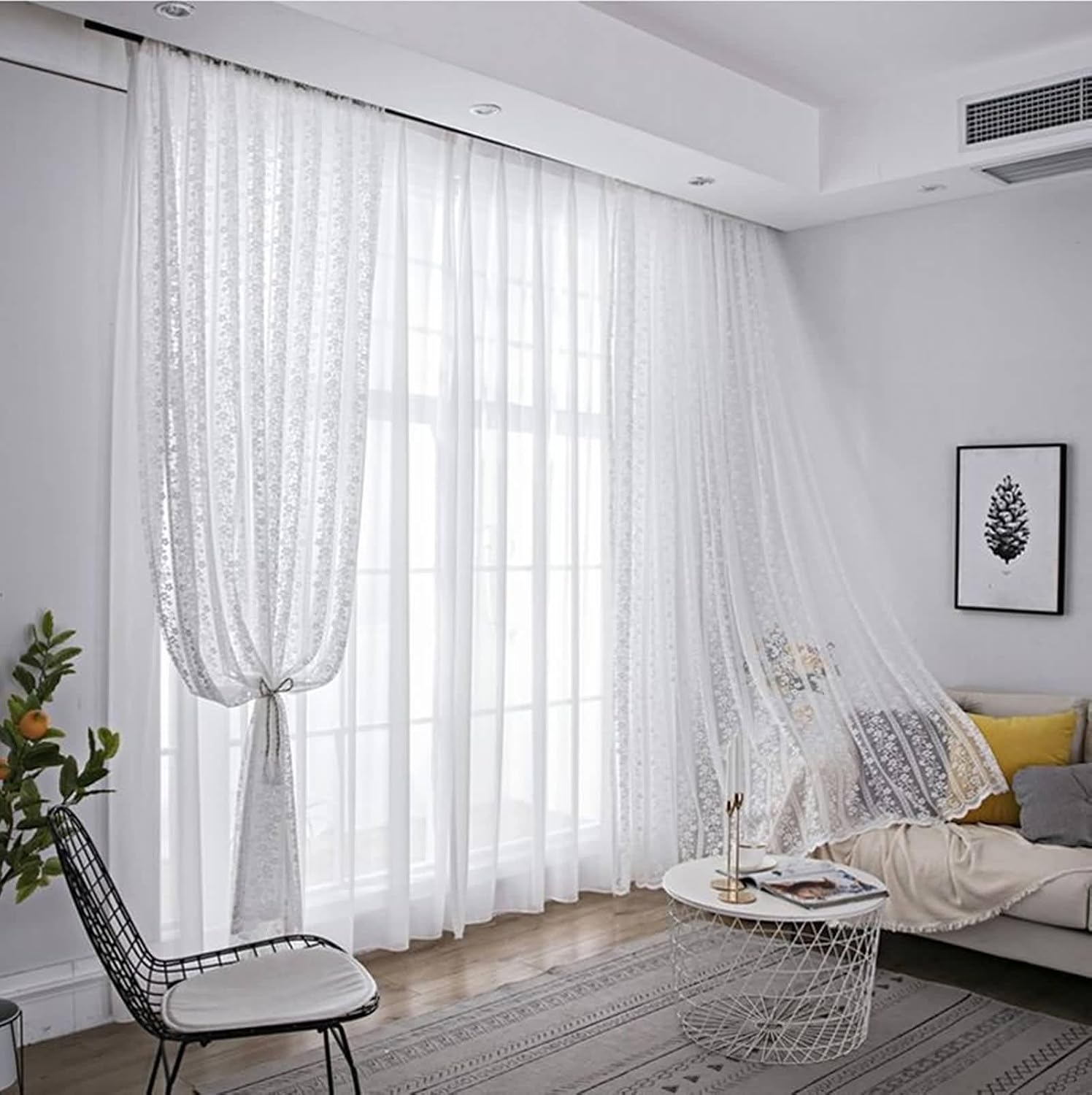 Daesar Transparent Curtains for Bedroom 2 Panels Set 54 Inch Length, Rod Pocket Tulle Curtains Lace Flowers Striped Pattern Window Voile Drapes Treatment for Living Room, 40x54 Inch White