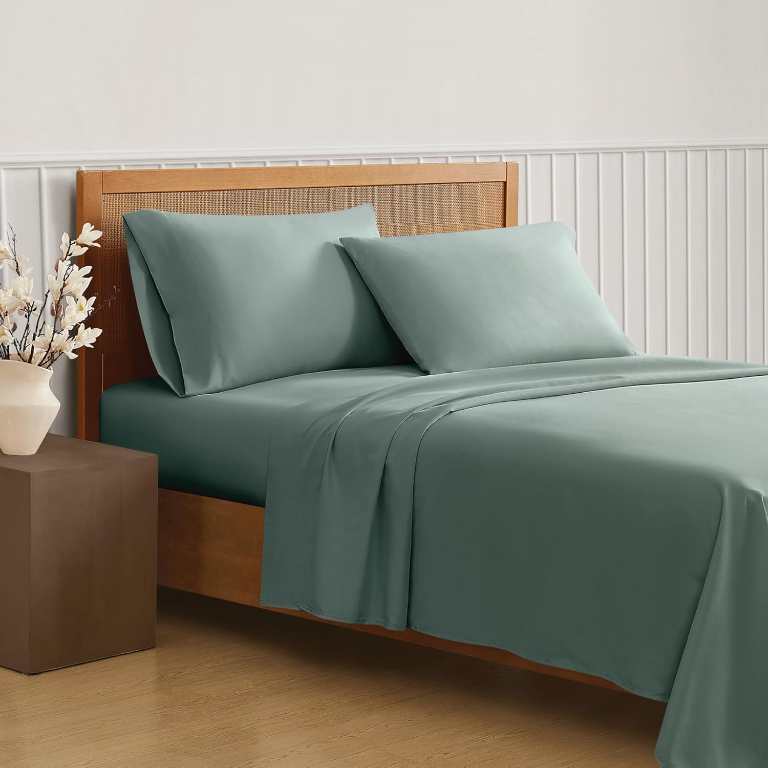 TRULY SOFT Green Solid Sage Queen 4 Piece Sheet Set, Solid Color Themed, Oeko-TEX Certified Confidence