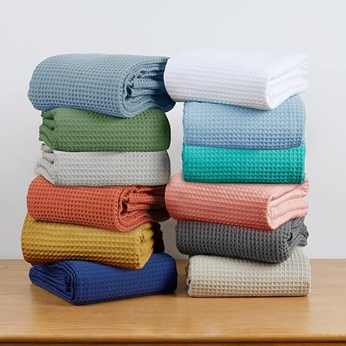 Miniatura 7 de PHF - Manta 100% algodón tejido gofre tamaño individual 66 x 90 pulgadas, manta suave y transpirable prelavada para todas las estaciones, capa