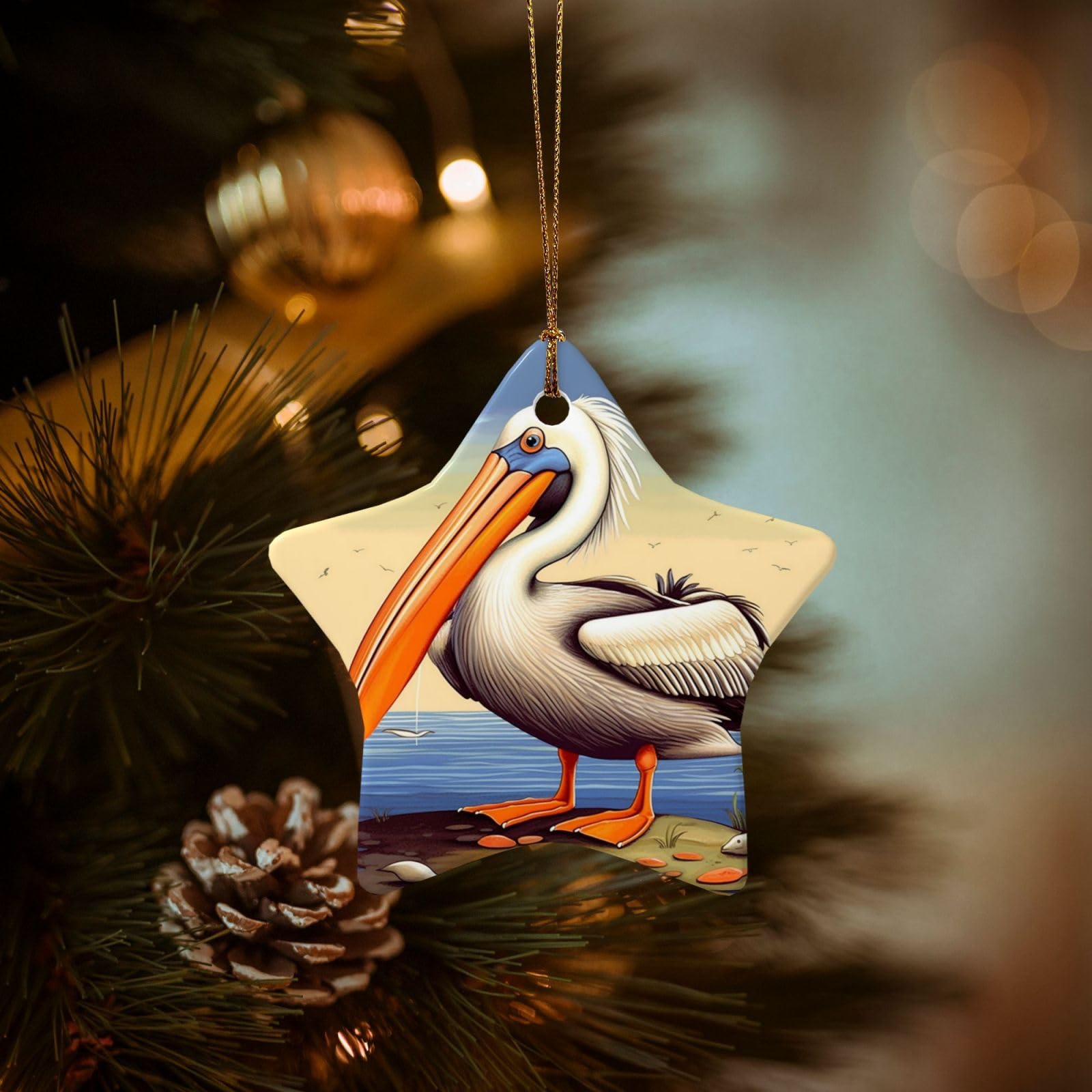 Christmas Tree Ornaments Ceramics Christmas Decorations Pelican Birds Ornaments with Gold Ribbon Porcelain Xmas Tree Crafts Star Shape Hanging Pendant for Christmas Tree Party Decor