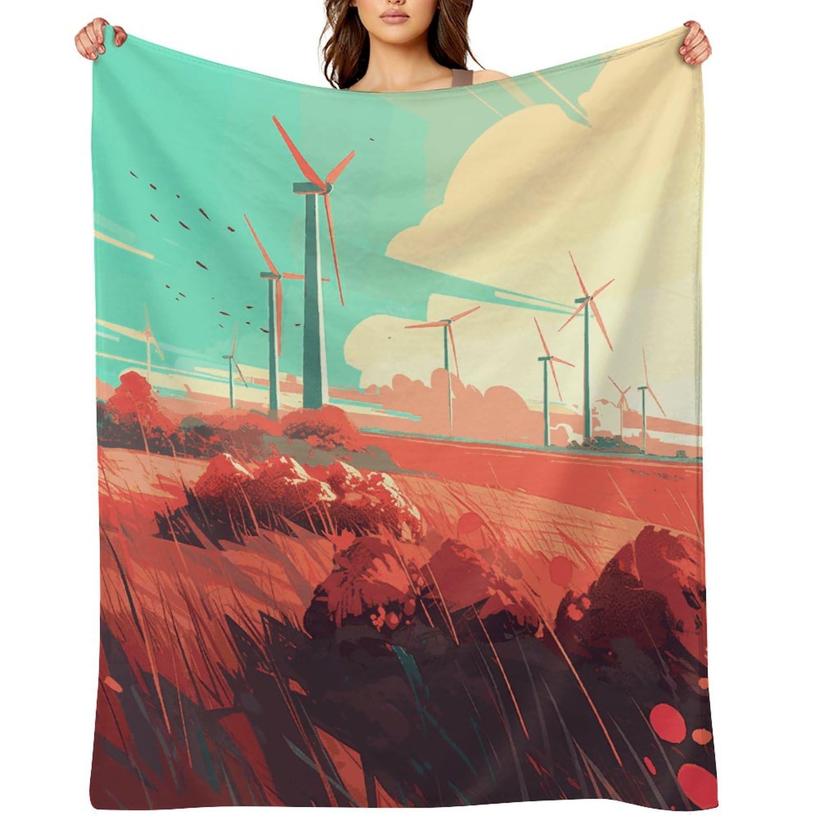 Flannel Windmill in Field Throw Blanket for Couch Super Soft Fuzzy Cozy Flannel Blankets No Shed No Pilling FAnti-Static Winter Bed Blanket Decorative and Giftable Blankets