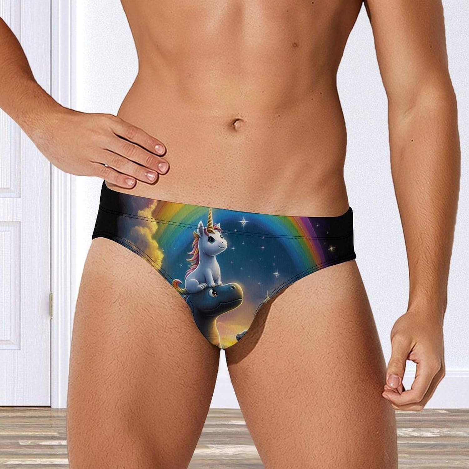 Cat Un-icorns Riding Dinosaur Men's Swimsuit Brief Sexy Bikini Briefs Retro Printed Swimwear Quick Dry Swimming Trunks X-Large