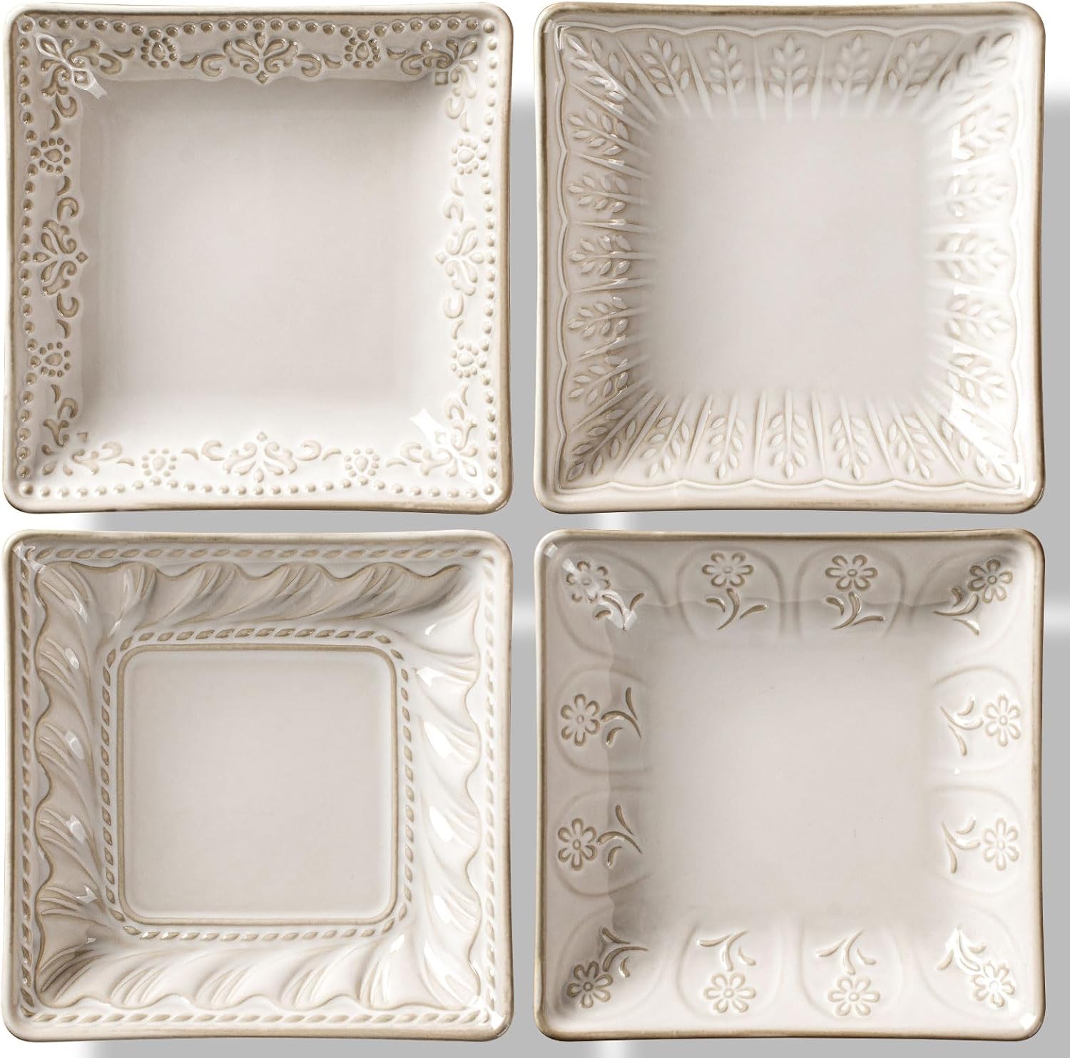 Artena Ceramic Square Dessert Plates Set of 4, 6 Inch Embossed Appetizer Plates for Snack, Bread, Sauce & Side Dish – Microwave & Dishwasher Safe, Scratch Resistant, White, Multiple Patterns