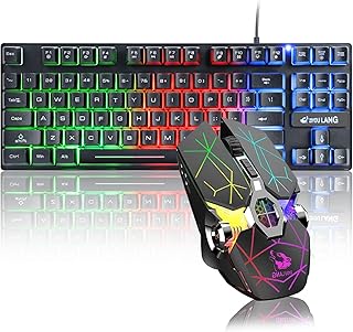 LexonElec 87keys Wired Gaming Keyboard Wireless Rechargeable Silent Mouse Rainbow LED Backlit PC Gaming Keyboard Wireless Gaming Mouse 8 Buttons 2400 DPI 7 LED Backlit for PC, Office, Play Games