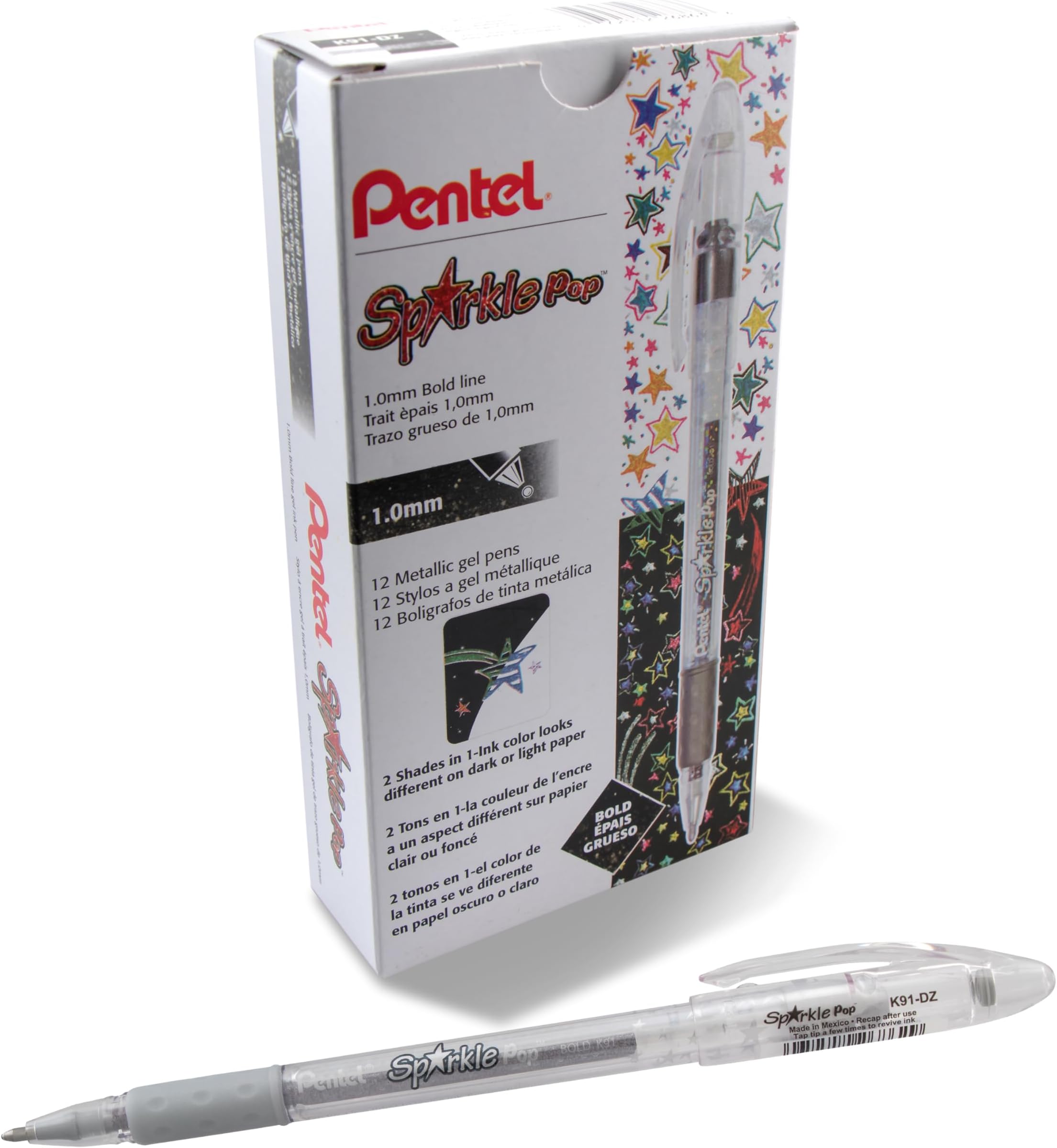Pentel Sparkle Pop Metallic Gel Pen, (1.0mm) Bold Line, Silver, Box of 12 Pens (K91-DZ)