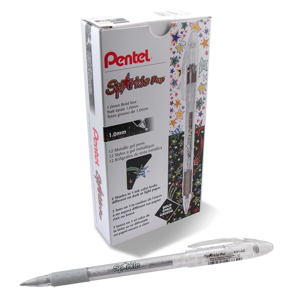Pentel Sparkle Pop Metallic Gel Pen, (1.0mm) Bold Line, Silver, Box of 12 Pens (K91-DZ)