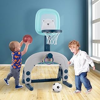 Basketball Hoop Set, 3-in-1 Kids Basketball Stand Sports Activity Center Adjustable Easy Score Basketball Hoop, Football/S...