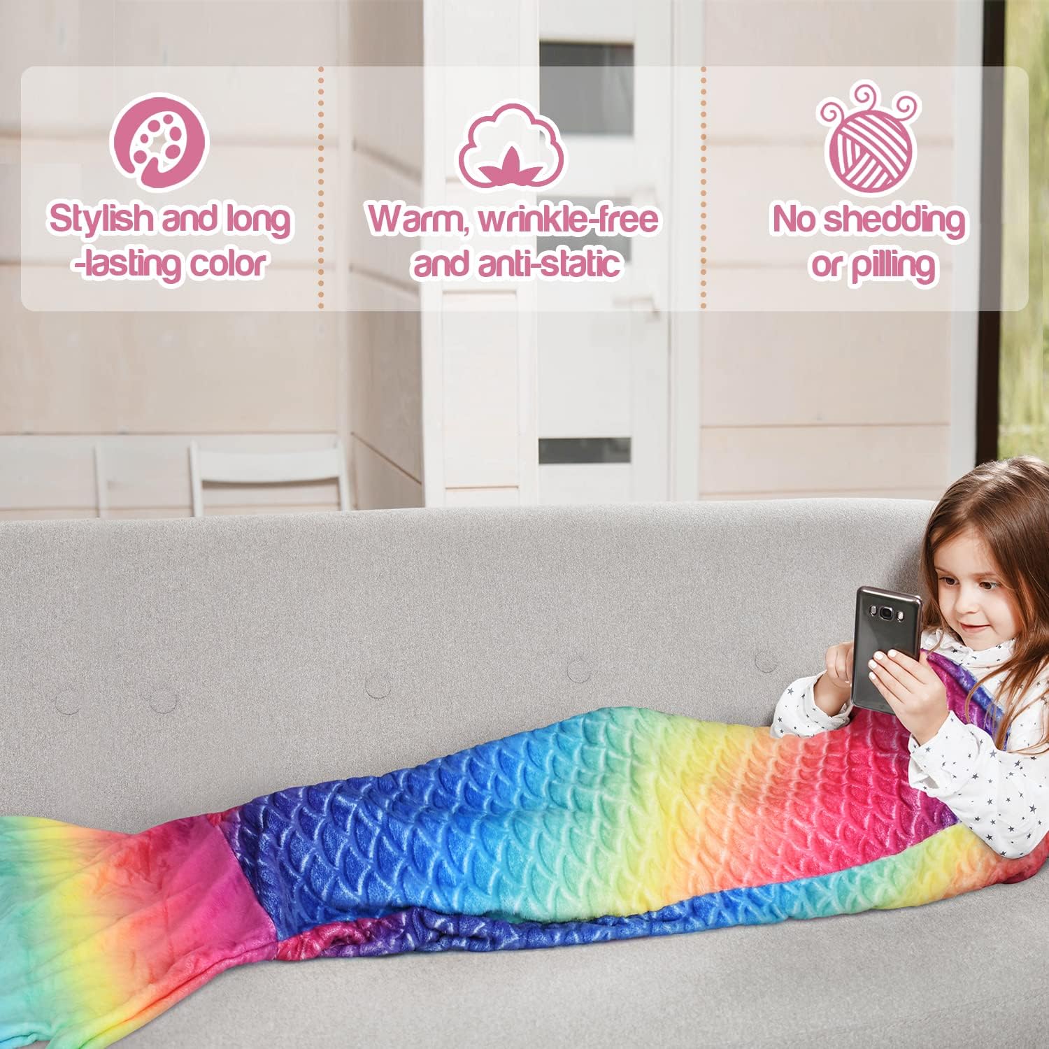 Catalonia Kids Mermaid Tail Blanket, Cozy Mermaid Sleeping Bag for Girls, Fish Scale Pattern, Gift for Girls - Image 5
