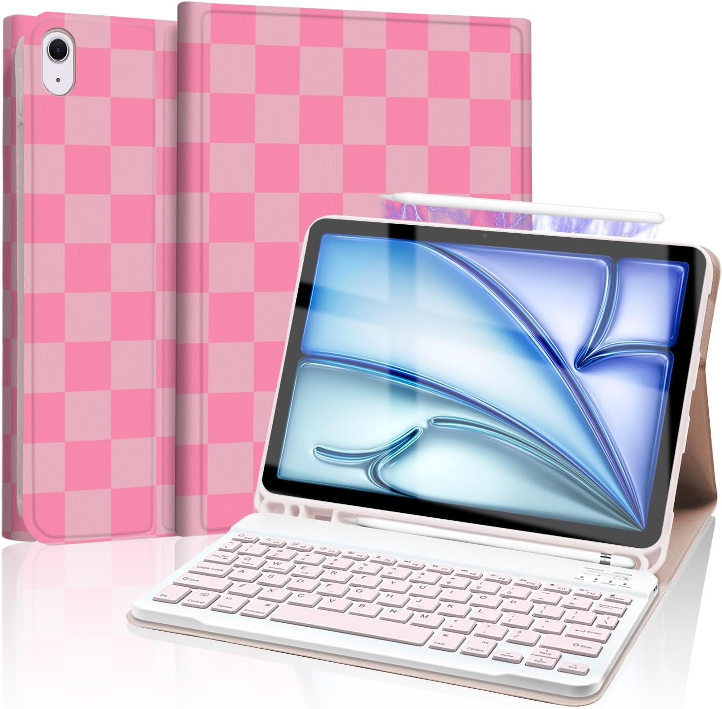 for iPad Air 11-inch (M3/M2-2025/2024) Case with Keyboard, Wireless Keyboard Cover with Pencil Holder for Air 10.9 Inch (5th/4th-2022/2020), Checkered Plaid Pink-Hot Pink