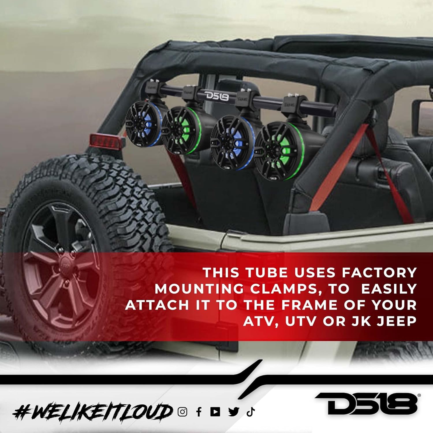 DS18 JK-Tube/BK 48.3" - 50.3" JK Mounting Tube Light Bar with Mobile Clamps Perfect for Mounting Wakeboard Speaker Towers and Pods on Roll Bars and Cages