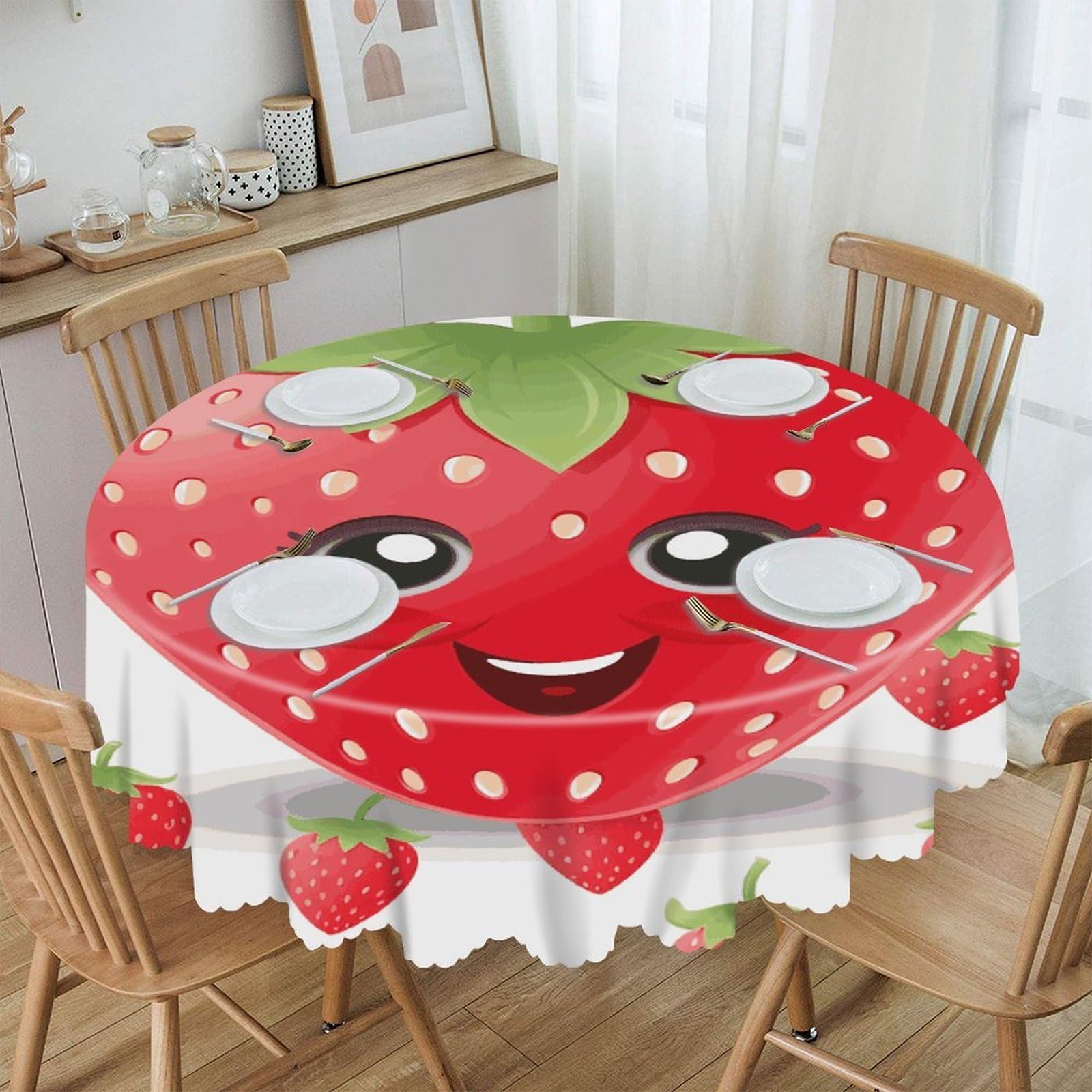 FekiLoot 60 Inch Round Strawberry Tablecloth Waterproof Heavy Duty Polyester Table Cloth Spill-Proof Wipeable Table Cover Decorative Circle Dining Tablecover for Party Outdoor
