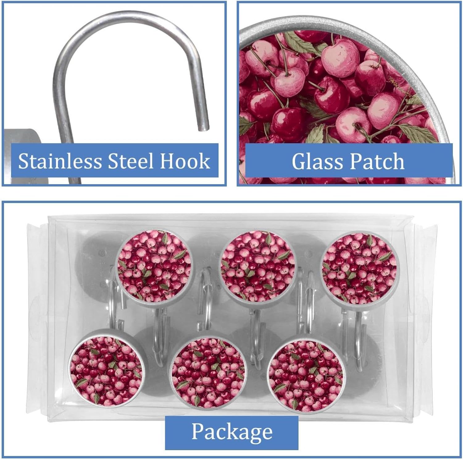 12PCS Pink Cherry Patter (1) Shower Curtain Hooks Metal Rust Resistant Decorative Shower Curtain Hooks Bathroom Decorations