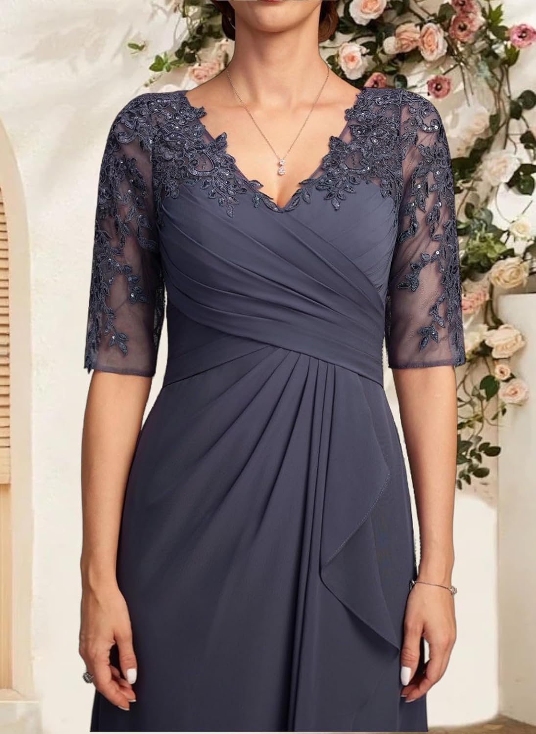 Lace Chiffon Mother of The Bride Dresses for Women Long Beaded V Neck A Line Formal Evening Ball Dress with Sleeves - Image 5