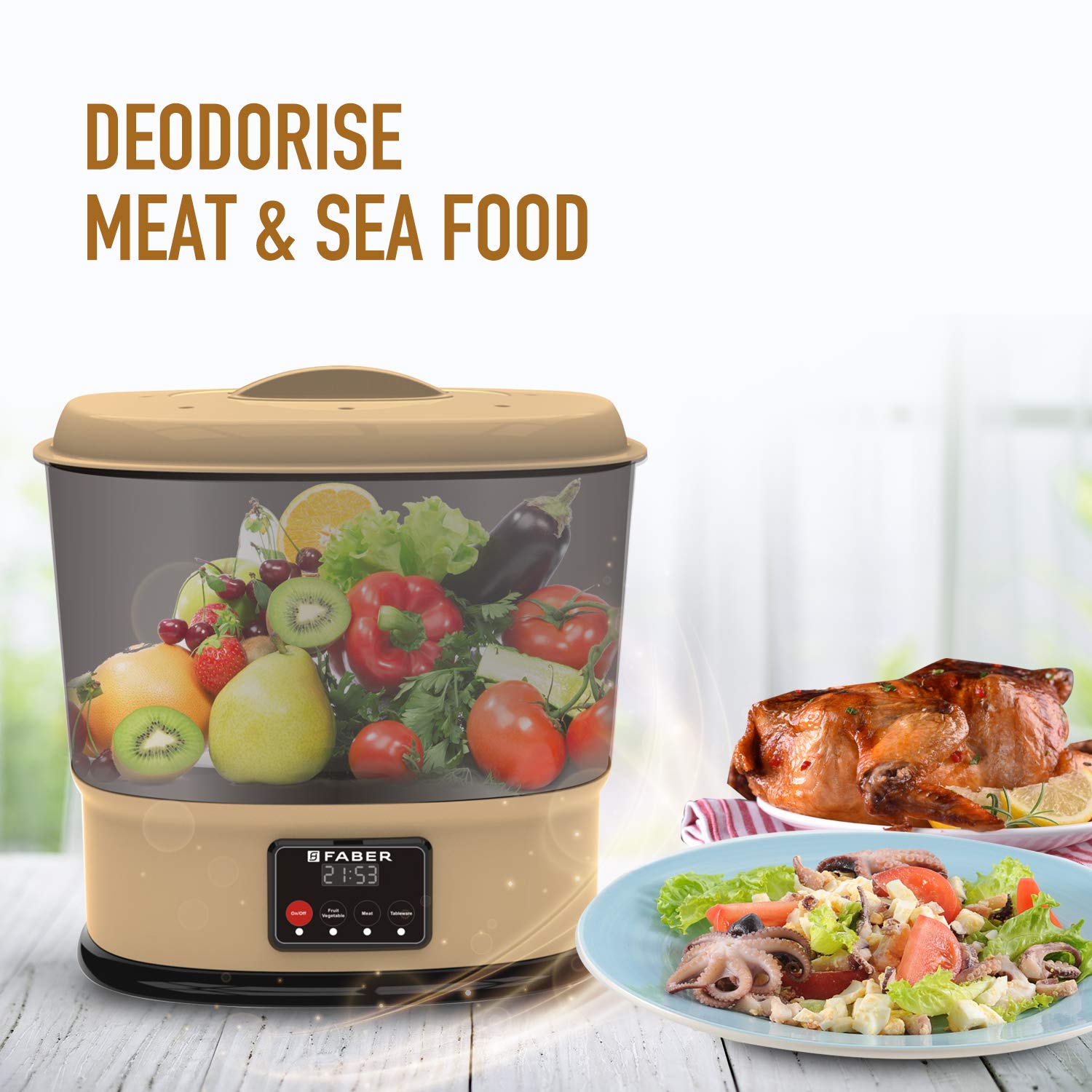 Faber Oxypure Ozonizer with cooked meat and seafood dishes, illustrating deodorizing function