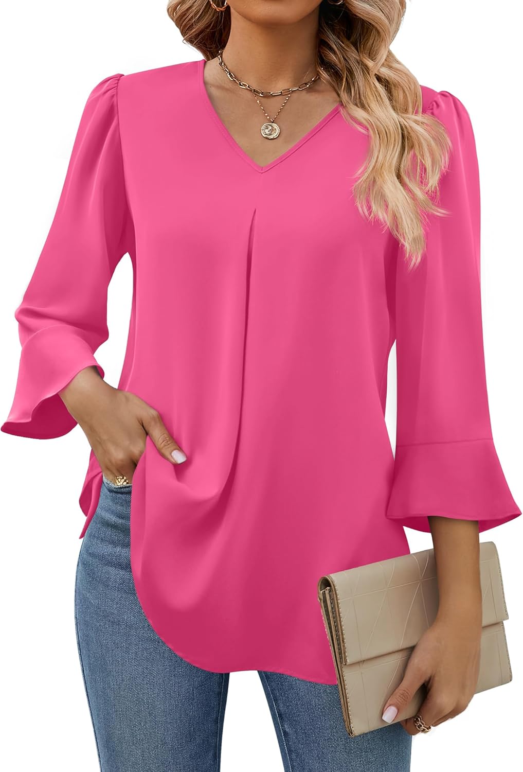 Funlingo Womens 3/4 Length Sleeve Tops Dressy Casual V Neck Business Chiffon Blouses Pleated Trendy Work Shirts