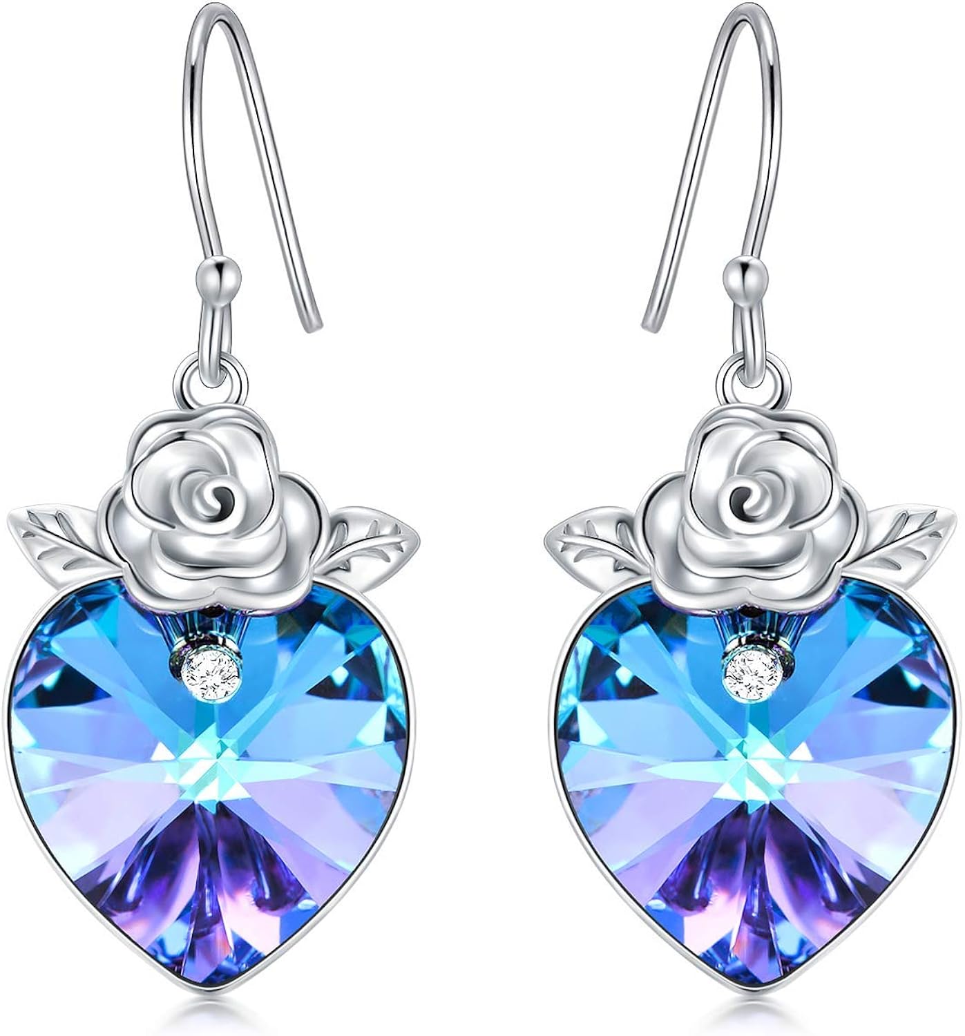 Love Heart Woman Earrings with Crysta Drop Earrings 925 Sterling Silver Rose Flower Earrings Gift Mother Girlfriend Birthday Wedding Party