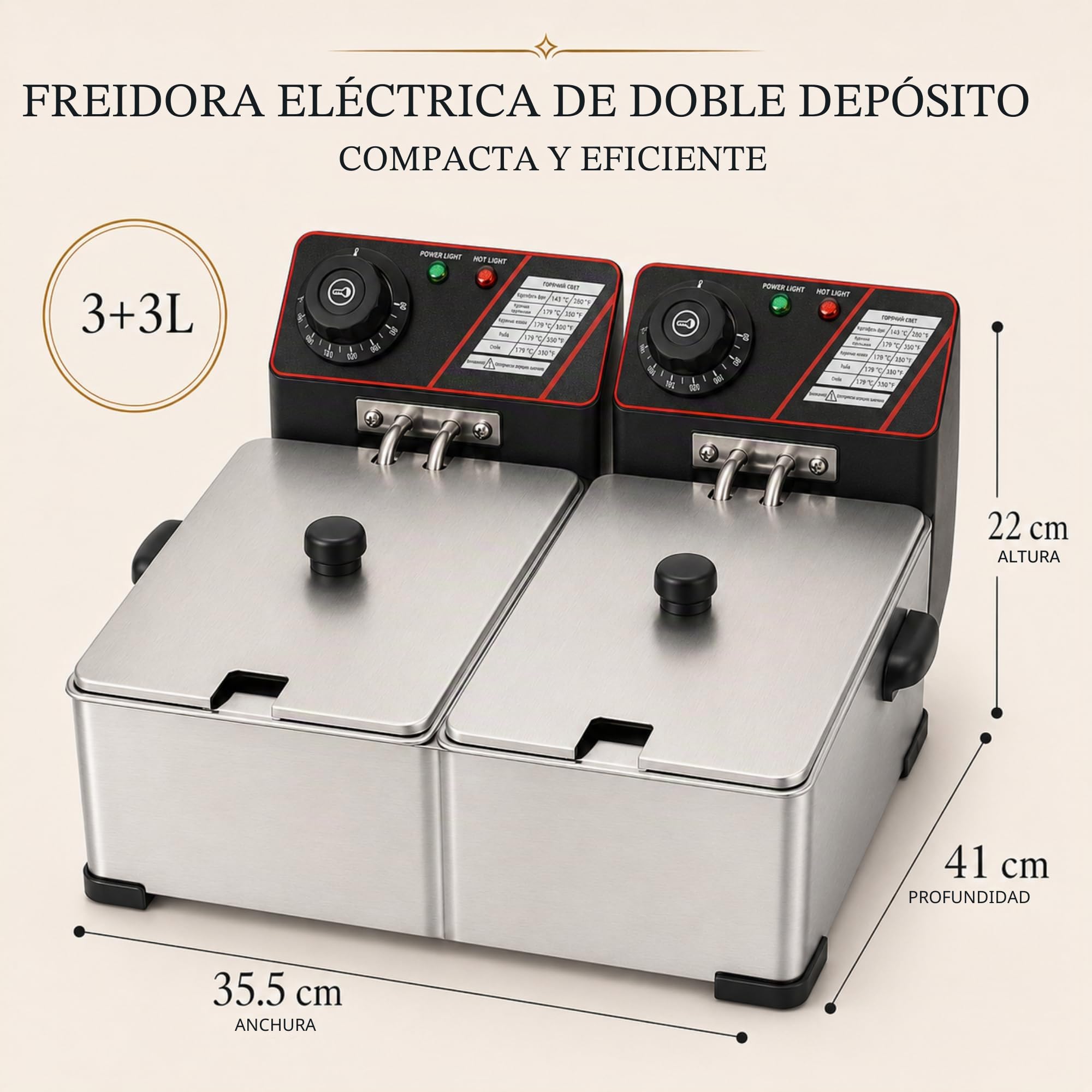 MAGIC SELECT Freidora Eléctrica Profesional Doble 2x3L, Acero Inoxidable | Freidora de Aceite, Cesta Extraíble, Temperatura Regulable, Gran Capacidad, Para Bar, Restaurante y Hostelería