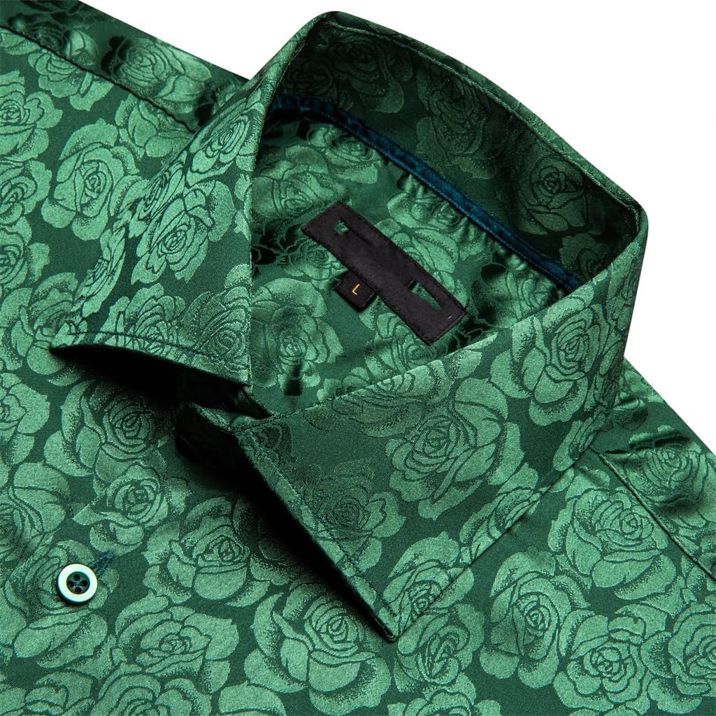 Men Silk Long Sleeve Green Floral Slim Fit Male Blouese Casual Tops Formal Streetwear