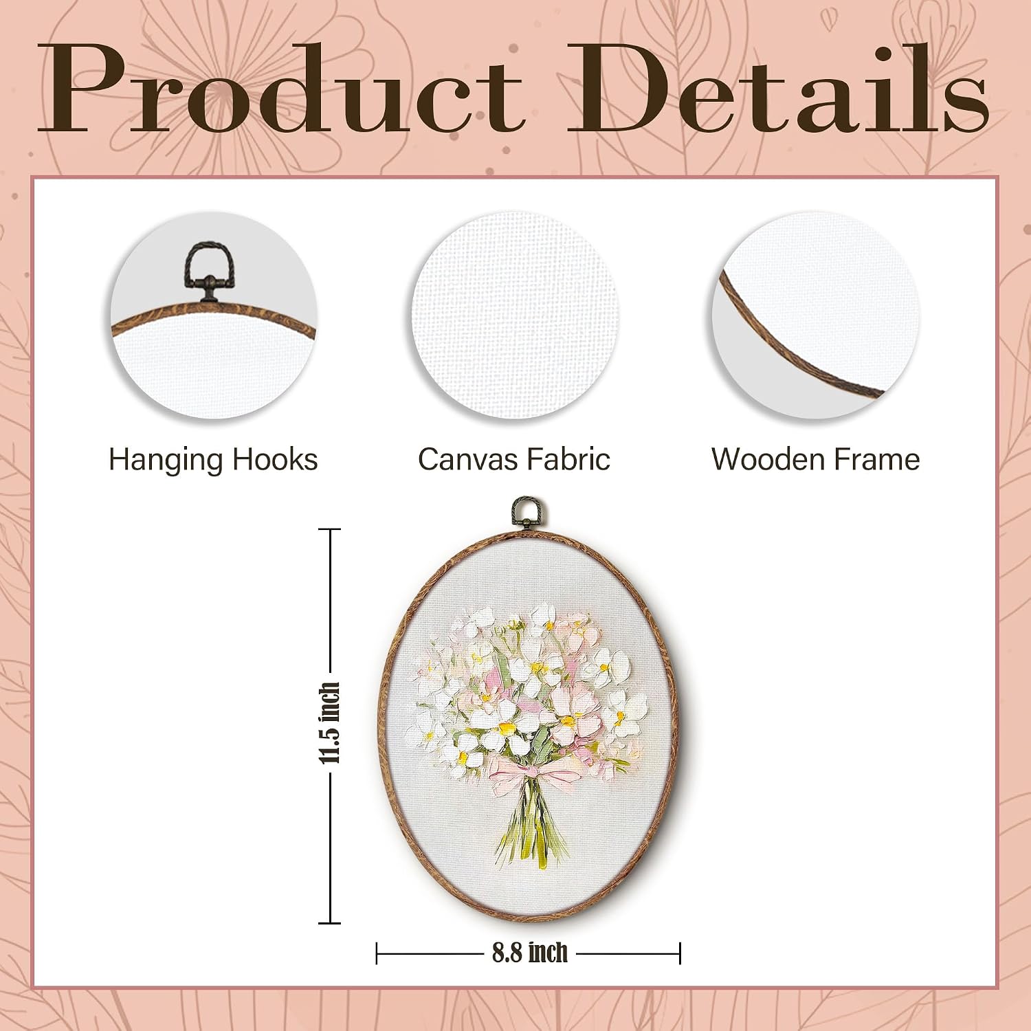 Hxlac Coquette Pink Bow Floral Bouquet Oval Wall Art Framed, White Floral Oval Wall Decor, Vintage Flower Hanging Canvas Prints Wall Sculptures for Home Bedroom Living Room Decor, 8.5x11.5 Inch