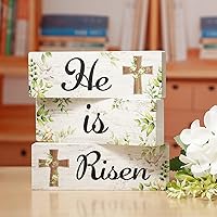 Vista 1 de Juego de 3 letreros de mesa de madera con texto en inglés "He Is Risen" para decoración de mesa de madera de Pascua, centro de mesa religioso