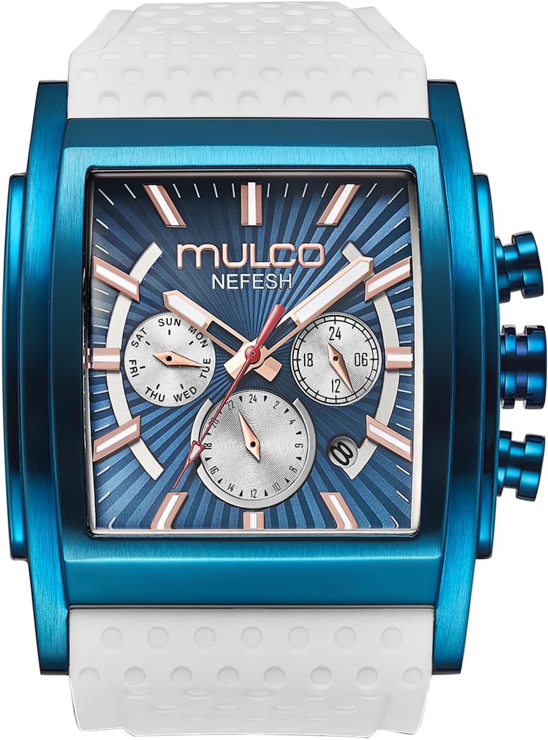 MULCO Watches Kripton Square– 46 mm Stainless-Steel Case, Black with Wrist Silicone Band, Quartz Multifunctional Day and Date Movement, Large Face Analog Display - Rose Gold Accents, 100m- Waterproof