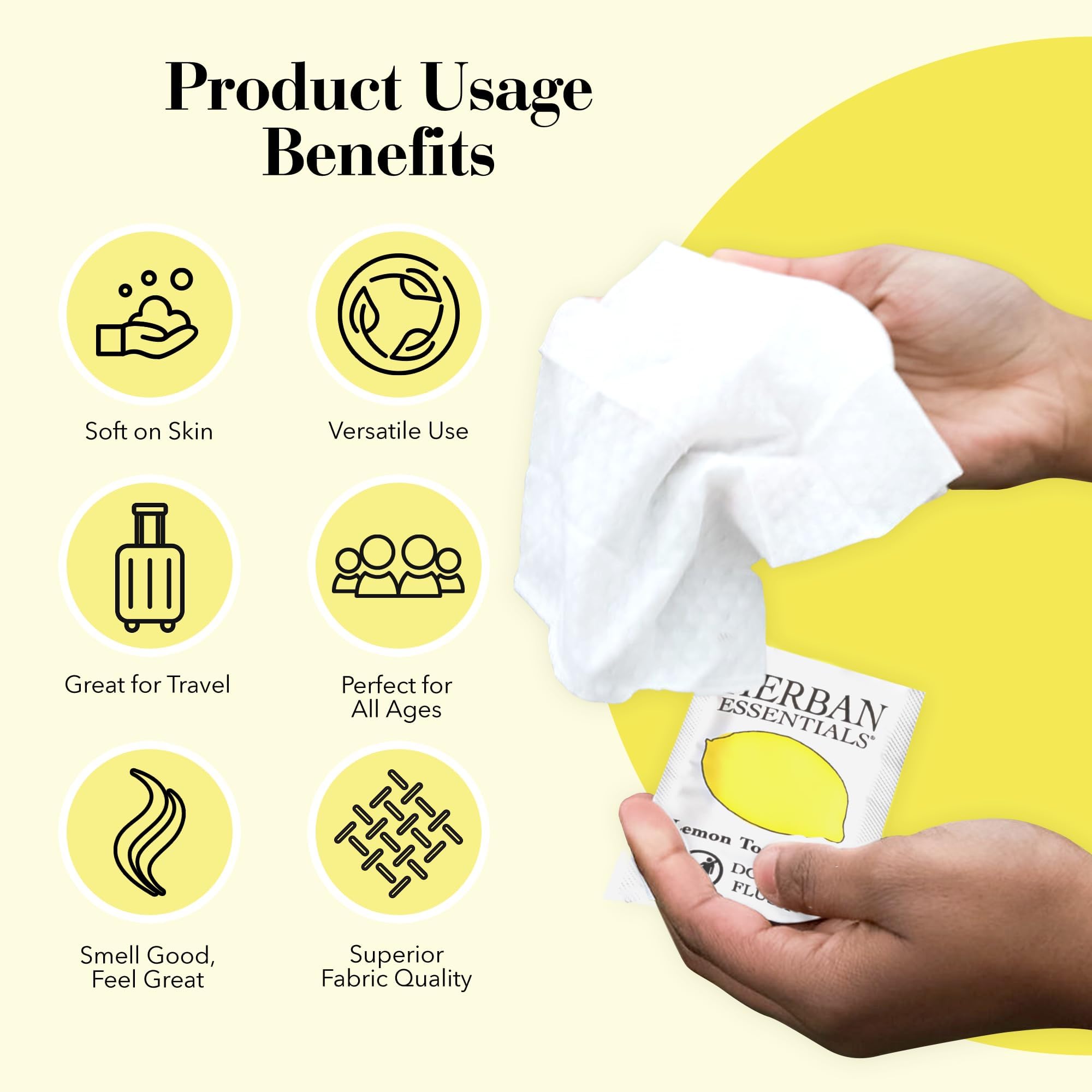Herban Essentials Lemon Hand Wipes, Travel Facial Wipes, Natural Hand Wipes, Wet Wipes, Individually Packed Body Wipes, 20 Pieces