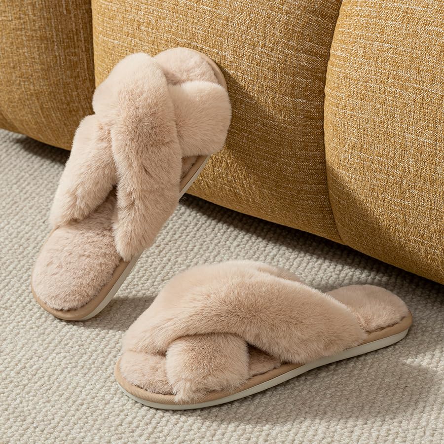 Women's Soft Indoor House Slippers Cross Band Outdoor Open Toe Fuzzy Slippers Memory Foam 7