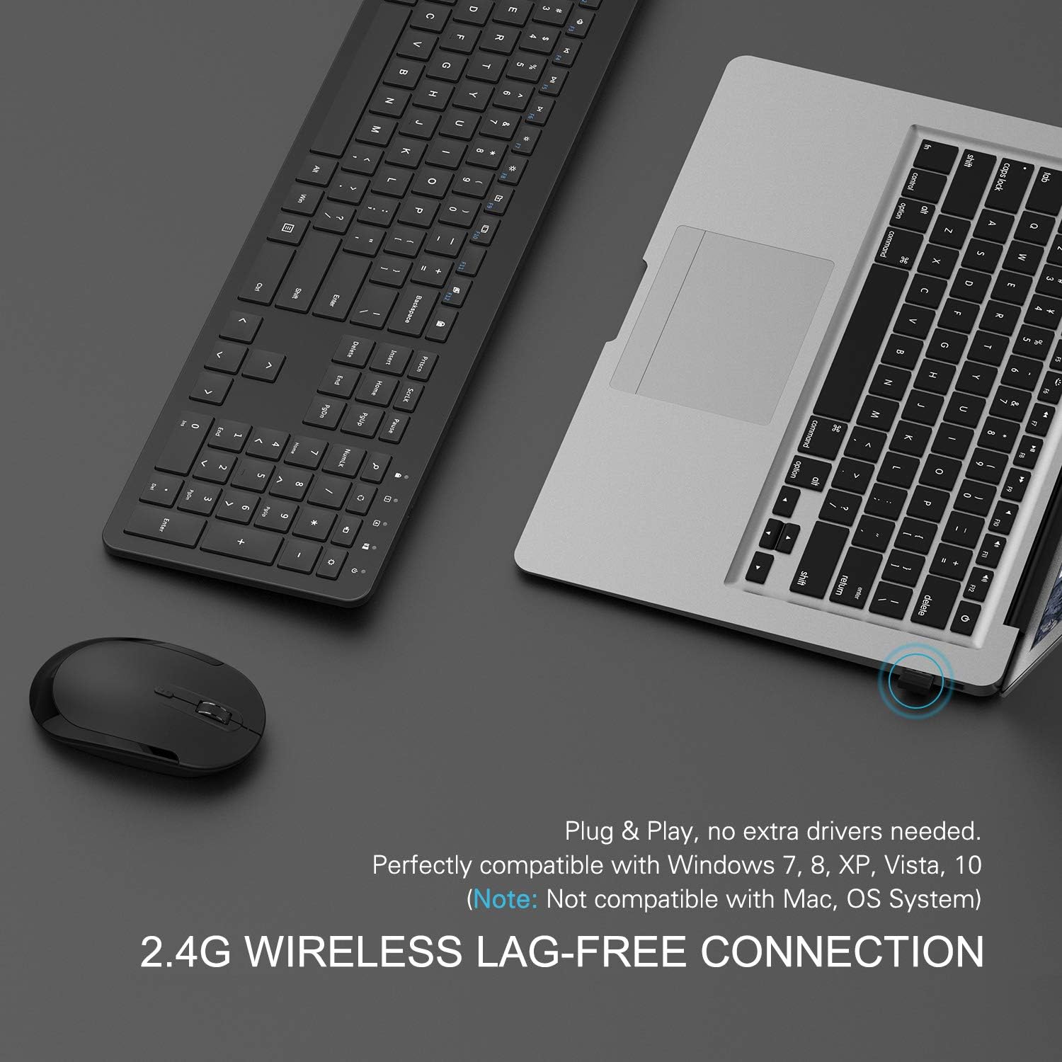 Wireless Keyboard and Mouse, seenda 2.4GHz Ultra Thin Full-Sized Silent Wireless Keyboard Mouse Combo with Number Pad for Computer, Laptop, PC, Notebook, Desktop, Windows 7, 8, 10 (Black)