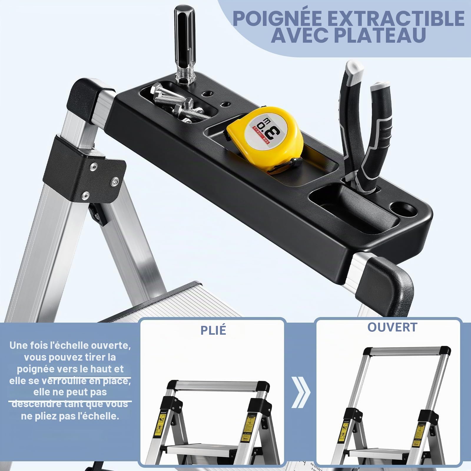 XinSunho Escabeau 5 Marches en Aluminium, Échelles Pliable avec Main Courante Extractible, Petit Escabeau Antidérapant Échelle Multifonctions pour la Maison et Le Bureau, Capacité 150 KG