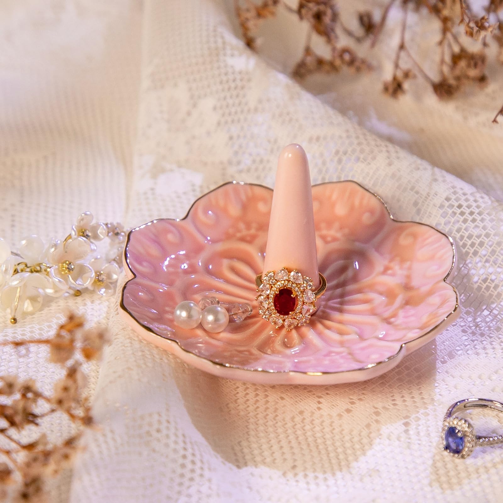 HOMEGOAL Ceramic Ring Holder Dish for Jewelry, Decorative Mandala Jewelry Tray for Rings Earrings Necklaces Watch Keys, Aesthetic Room Decor, Birthday Engagement Wedding Gifts for Women (): Pink
