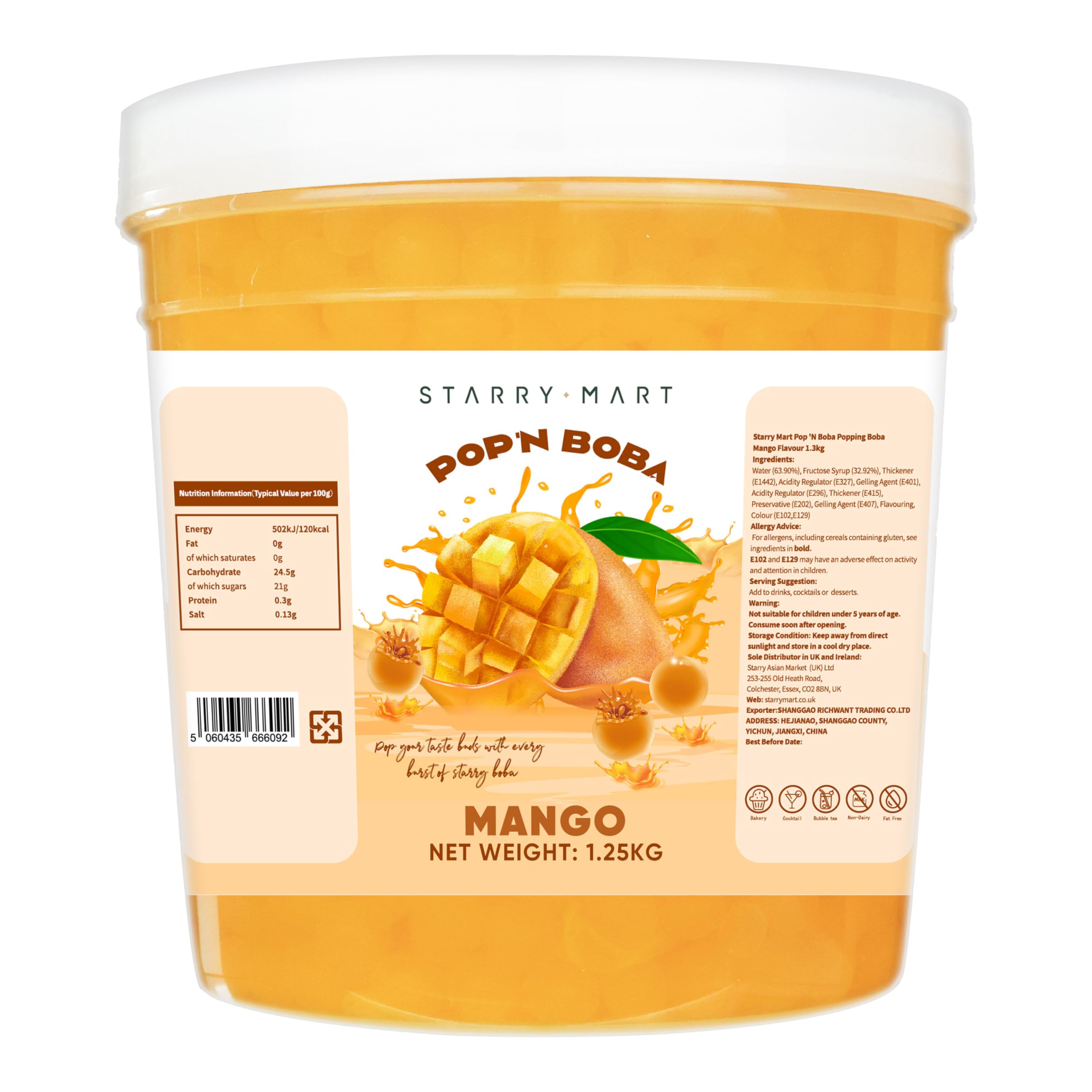 POP'N BOBA Mango Popping Boba for Bubble Tea (1.25kg), Bursting Pearls Bubble, for Shakes, Dessert Topping, Smoothie and Cocktails