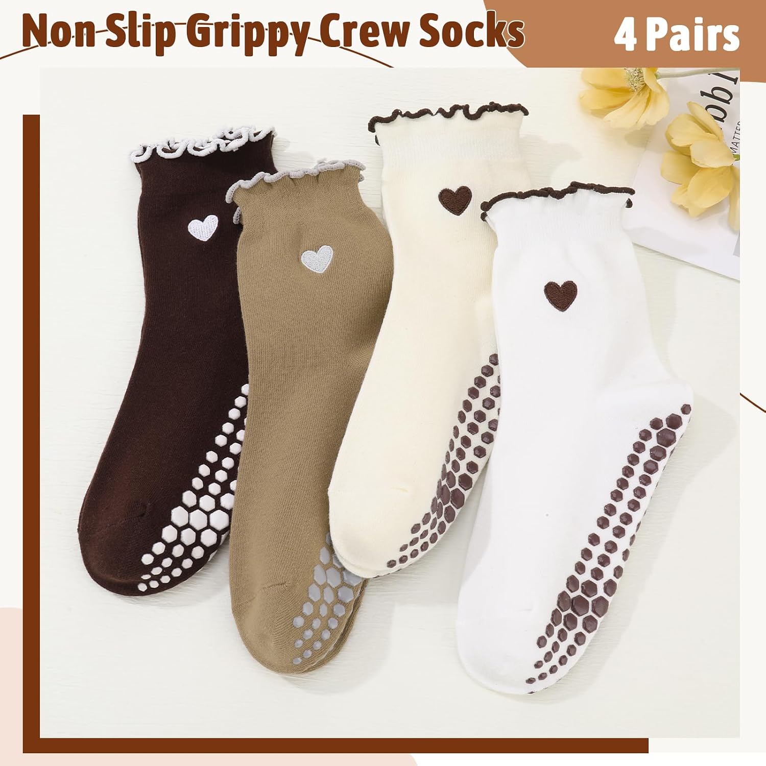 4 Pairs Cute Pilates Socks for Women Ruffle Yoga Socks with Grips Non Slip Heart Pilates Sock Cotton Frilly Crew Sock for Yoga Barre Sports Fitness Hospital