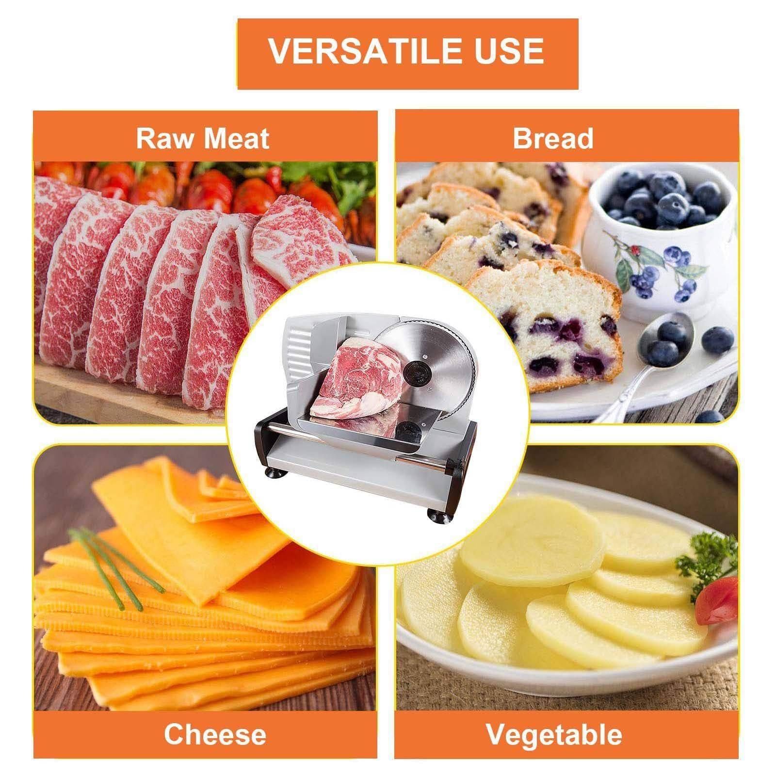Affettatrice per Carne da 200W, Affettatrice Elettrica per Uso Domestico, Spessore Regolabile da 1 A 15 mm, con Lama in Acciaio Inox da 190 mm, per Carne, Formaggio, Pane, Verdure Silver