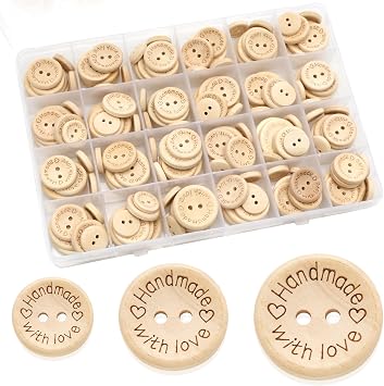 150 Pieces Wooden Buttons, Natural Round Shape Wooden Love Buttons, 15 mm, 20 mm, 25 mm, for DIY Crafts Decorations and Sewing