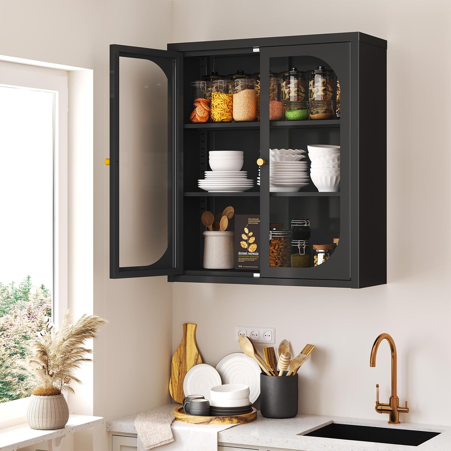 Bathroom Wall Cabinet with Transparent Doors, Metal Wall Cabinet with Adjustable Shelves,Over the Toilet Glass Wall Mounted Storage Cabinet for Bathroom, Kitchen, Laundry Room-Black