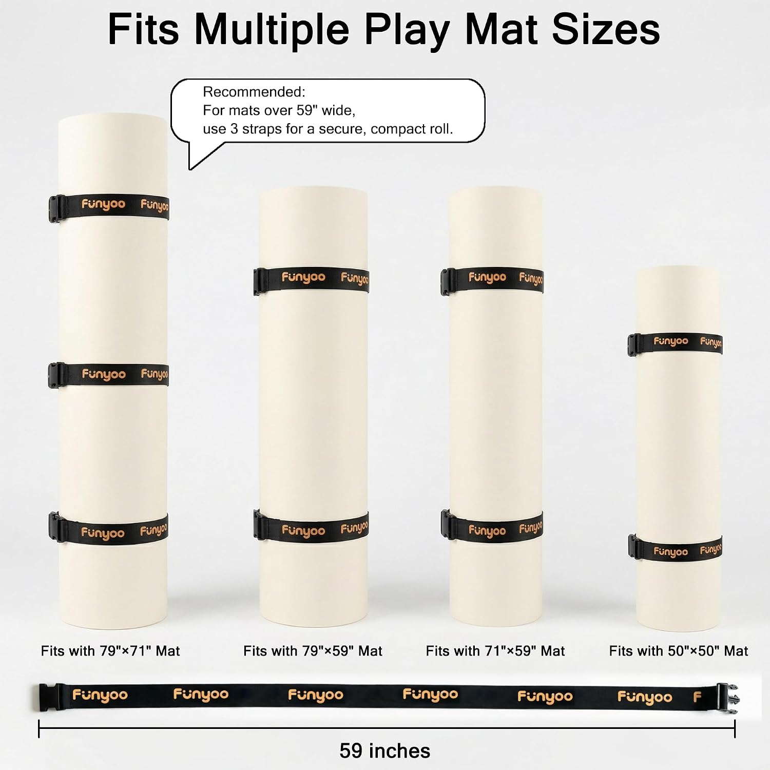 3 Pack Adjustable Play Mat Roll Up Straps, Designed for Funyoo Baby Play Mats, Extra Hold for Wider Mats (Over 59 Inches), Space Saving Storage, Durable Buckle