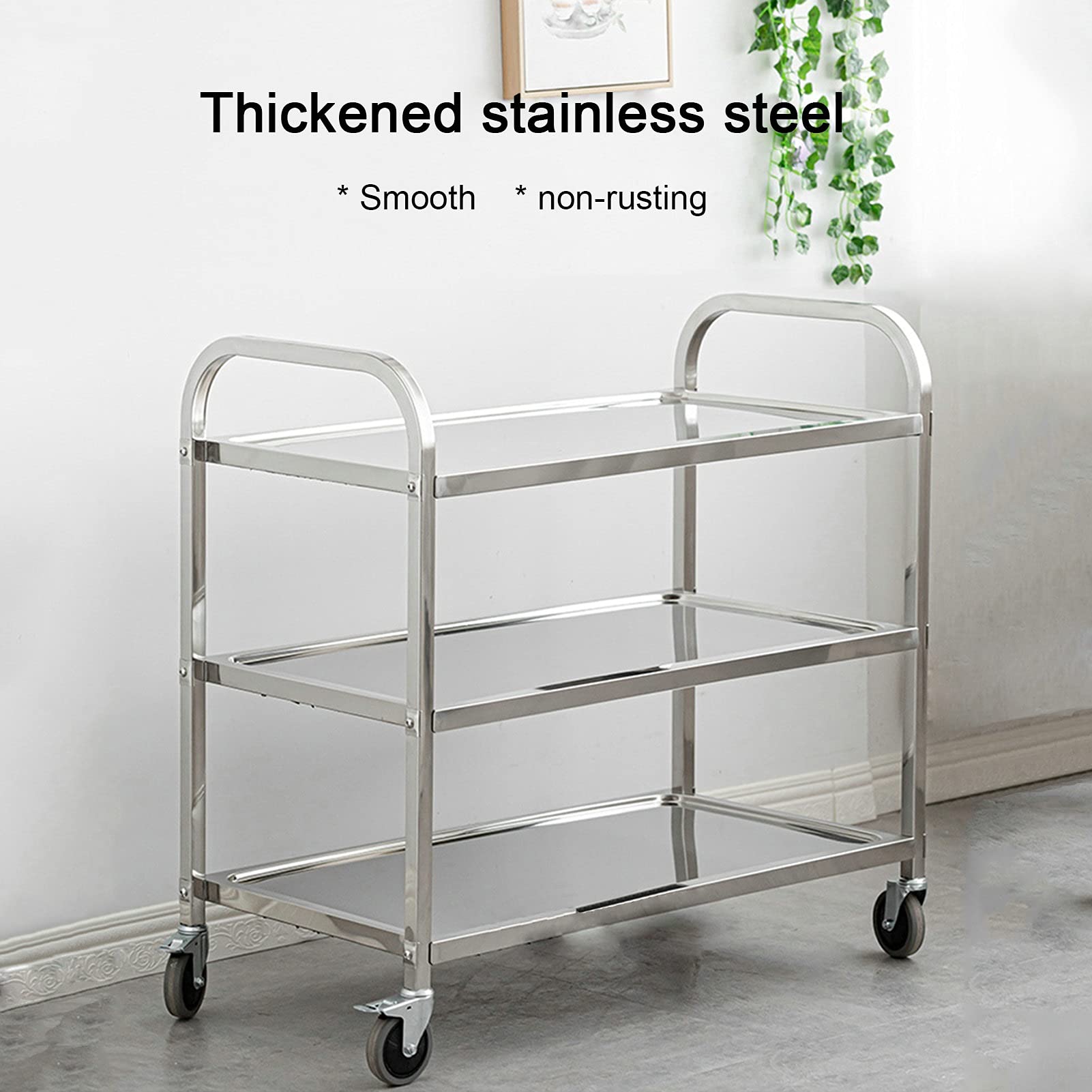 Chariot de service à 3 étages en acier inoxydable avec roulettes verrouillables Idéal pour hôtel, restaurant, usage domestique 85 x 45 x 90 cm