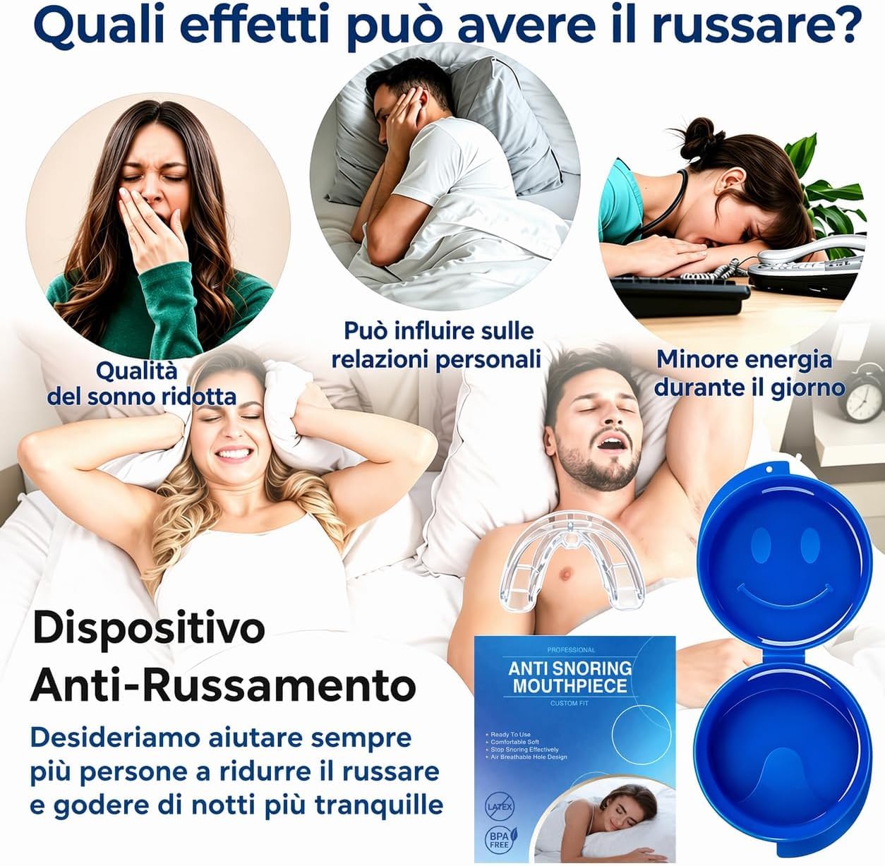 Dispositivo Anti Russamento Notturno, Bite Riutilizzabile Pronto all’Uso - Bite Antirussamento, Design Leggero e Confortevole, Riduci efficacemente il russare, Supporto per un Riposo Più Tranquillo