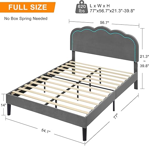 Miniatura 9 de VECELO Base de cama matrimonial tapizada con cabecero ajustable, luces LED, USB-A y tipo C, plataforma de terciopelo sin ruido, base de colchón con